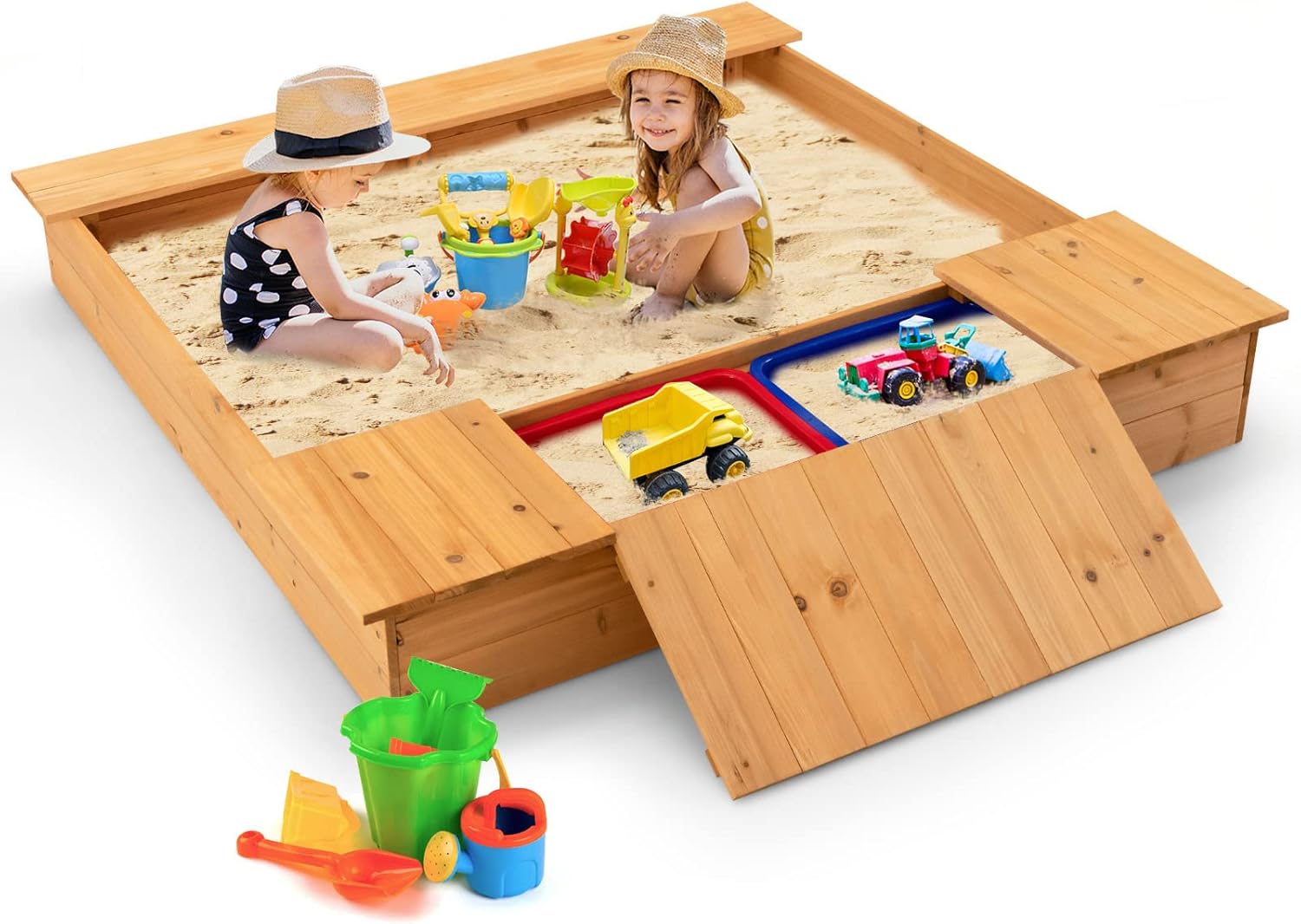 Costzon Kids Sandbox, 49” x 47” Cedar Wood Sand Pit w/Bench Seats & 2 Built-in Storage Boxes, Outdoor Sand Box for Backyard Home Lawn Garden Beach