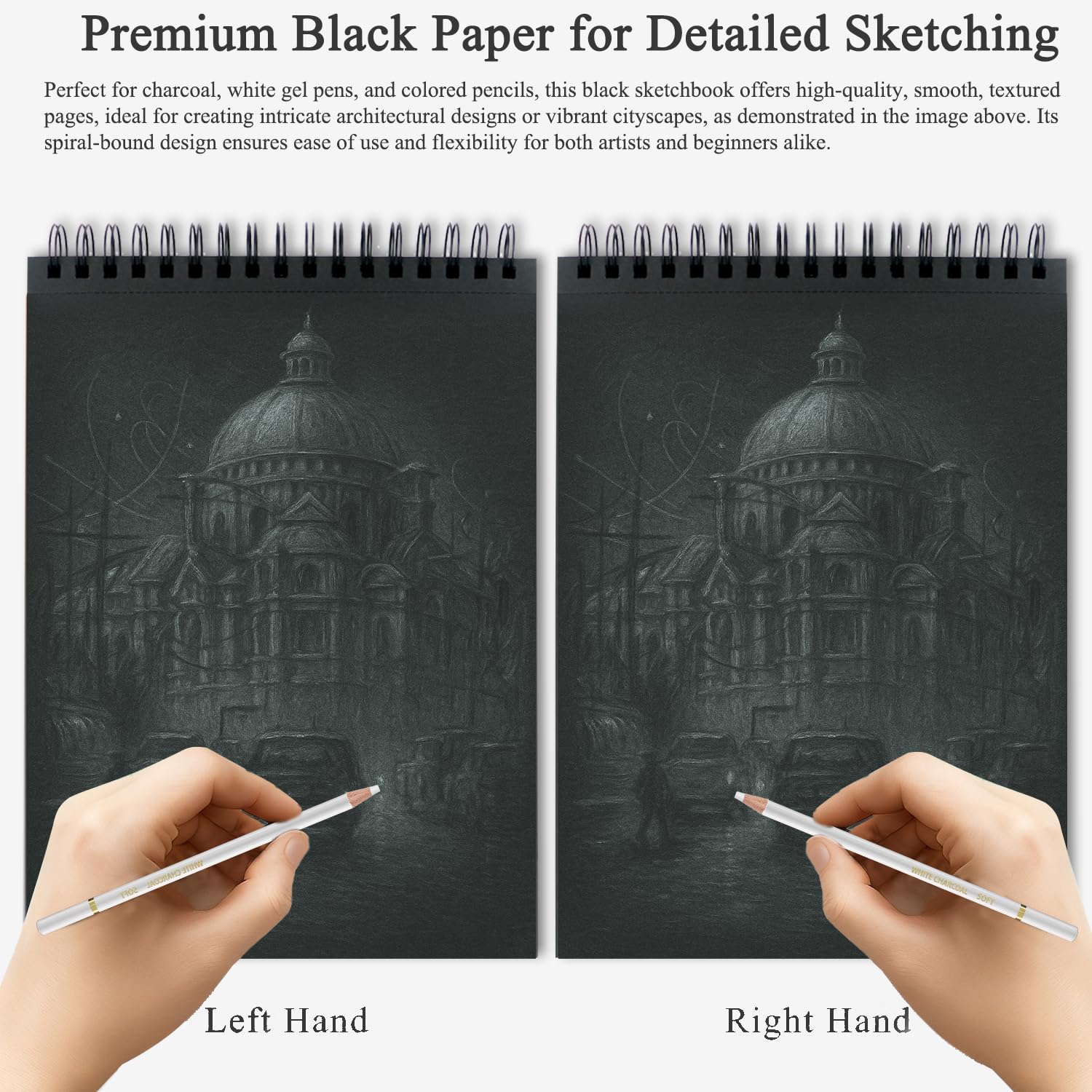 Fuxi Blocco da disegno nero, 28 x 35 cm, 60 fogli (40,8 kg/150 g/m²), copertina rigida con rilegatura a spirale, blocco di carta nera per illustrazioni e lezioni d'arte, album da disegno per artisti