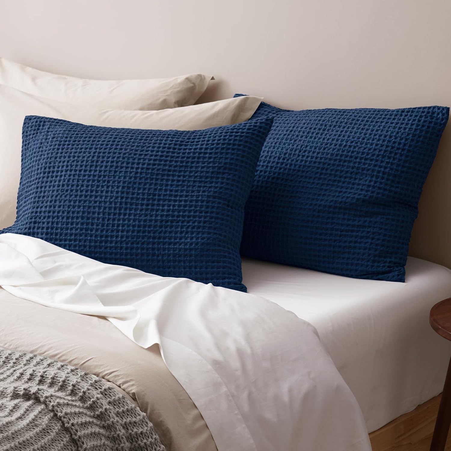 PHF Ultra Soft Waffle Weave Pillow Shams King Size, No Insert, 2 Pack 20" x 36" Pillowcases,Breathable & Skin-Friendly Pillow Cases, Stylish Decorative Bed Pillow Cases Covers, Navy Blue/Dark Blue