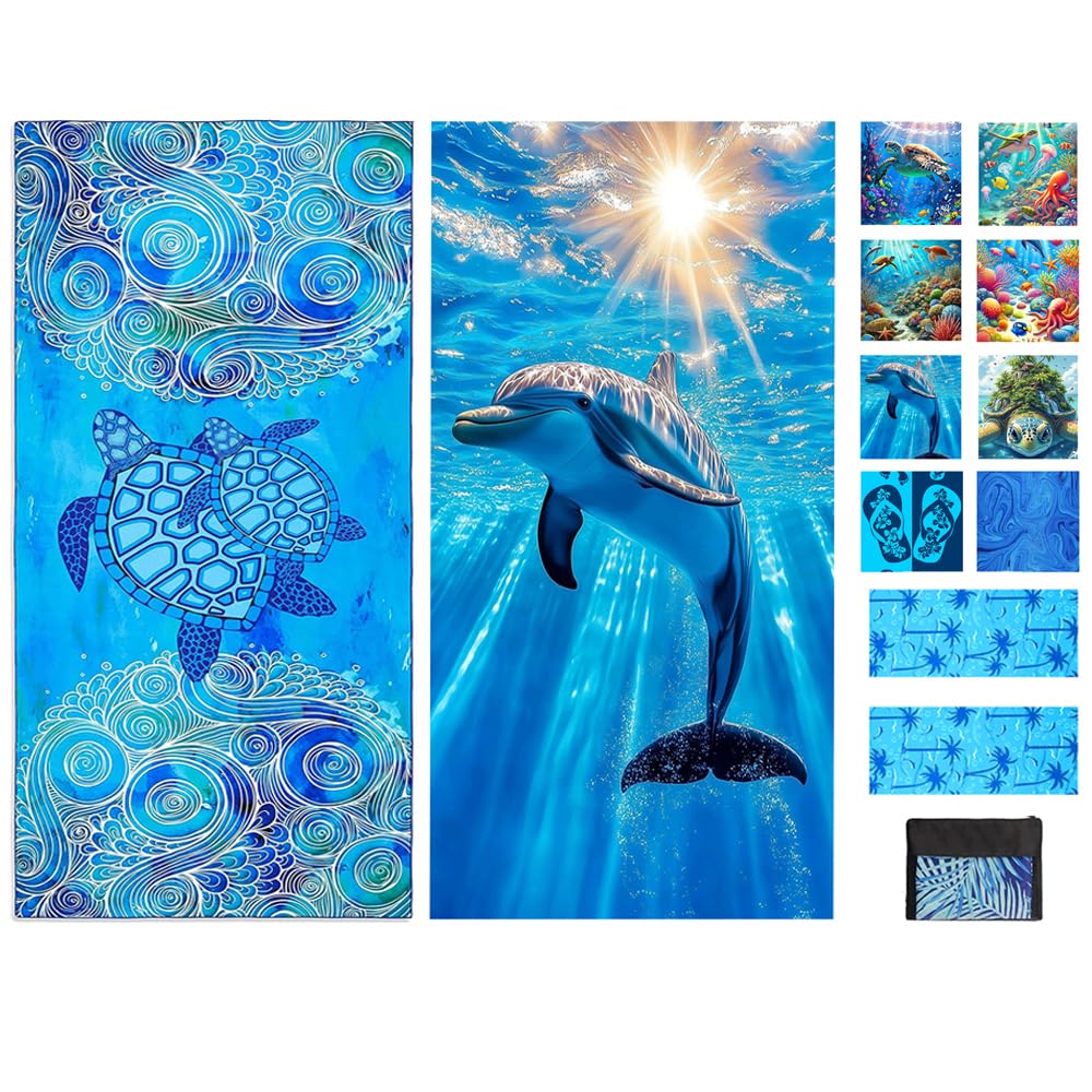 JAODFK 2 Pcs Microfibre Beach Towel 71"X32" Quick Dry Blue Lightweight Sand Free Extra Large Thin Towels Travel Essentials For Adults Womens Swim Bath Accessories Mats Holiday Must Haves Sea Animals