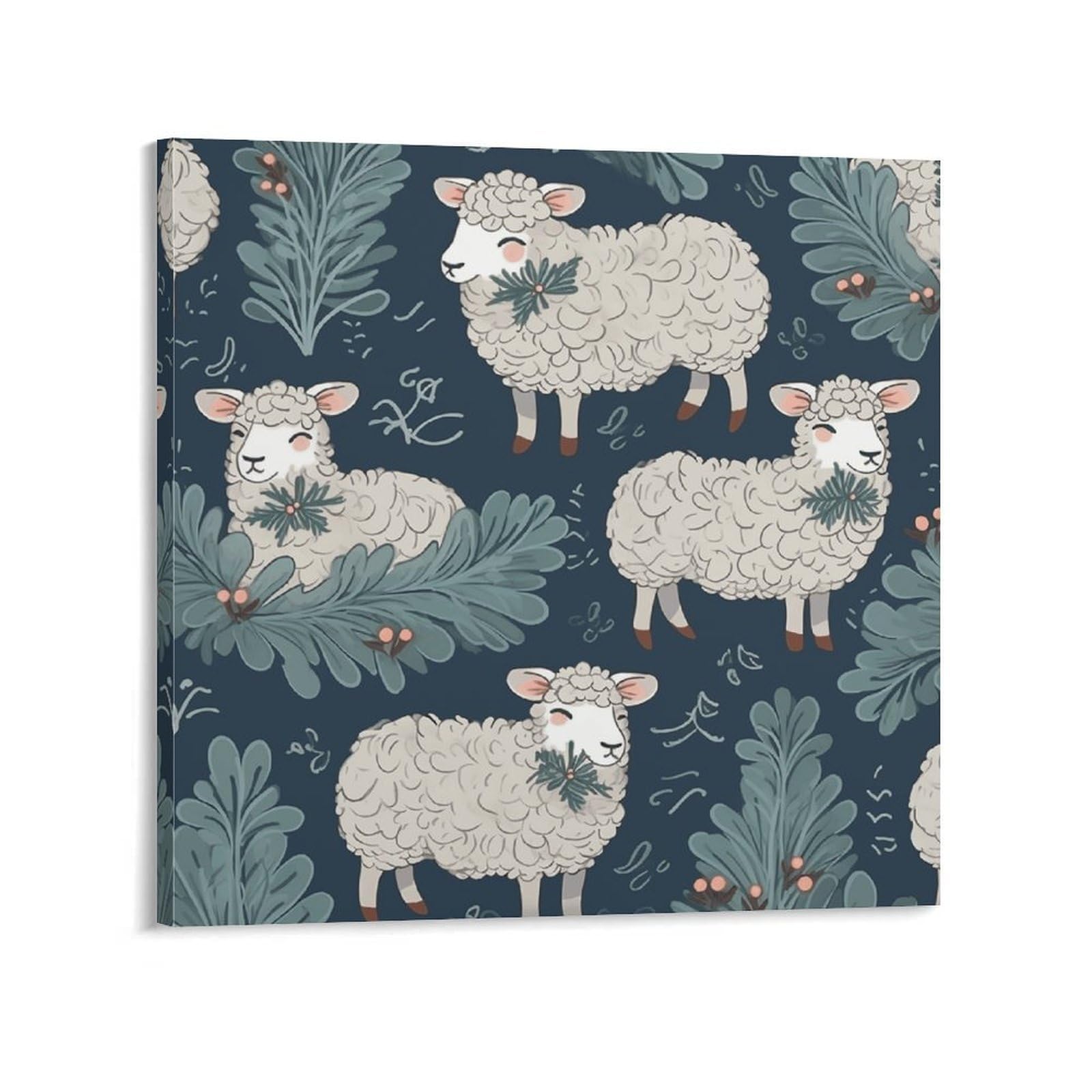 Sheep And Holly Tree Canvas Wall Art for Bedroom 28x28inch(70x70cm) Canvas Prints Artwork for Walls Modern Picture Artwork Painting for Living Room Aesthetic Wall Paintings for Bathroom Kitchen Office