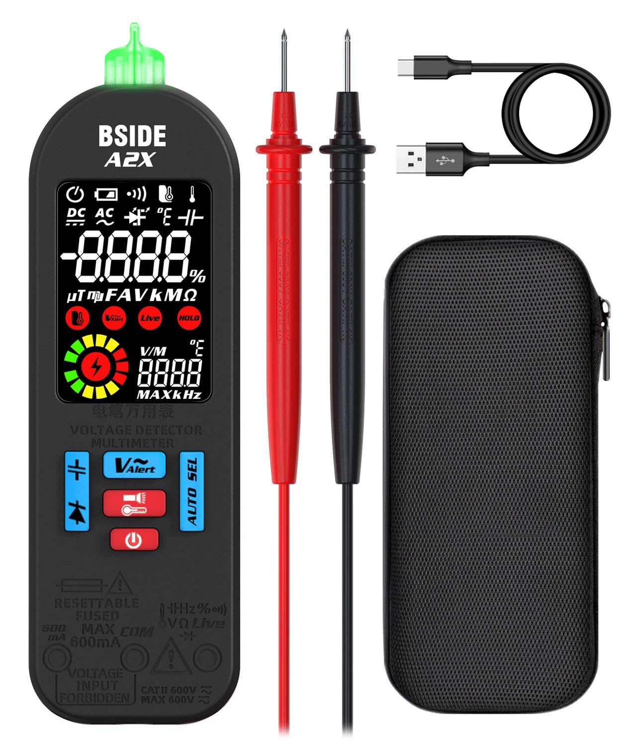 BSIDERechargeable Digital Multimeter Electrical Amp Tester Color LCD 6000 Counts Automatic Smart Voltmeter VFC Capacitance Diode AC DC Current Continuity Voltage Tester with Carrying Case