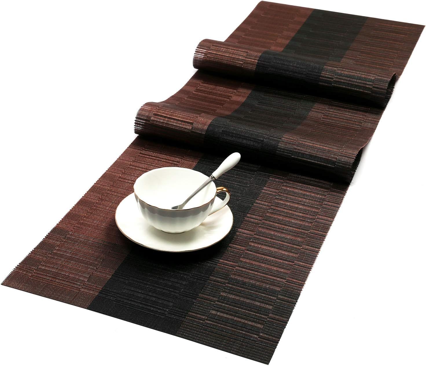 SHACOS Table Runners Woven Vinyl PVC Table Runner 12 x 36 inch Wipe Clean Bamboo Weave Countertop Table Decor Mats Indoor Outdoor, Ombre Coffee Black