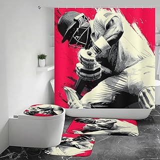 Cricket Player Action Shower Curtains Set Bathroom Sets with Rugs (Bath Mat,U Shape and Toilet Lid Cover Mat)
