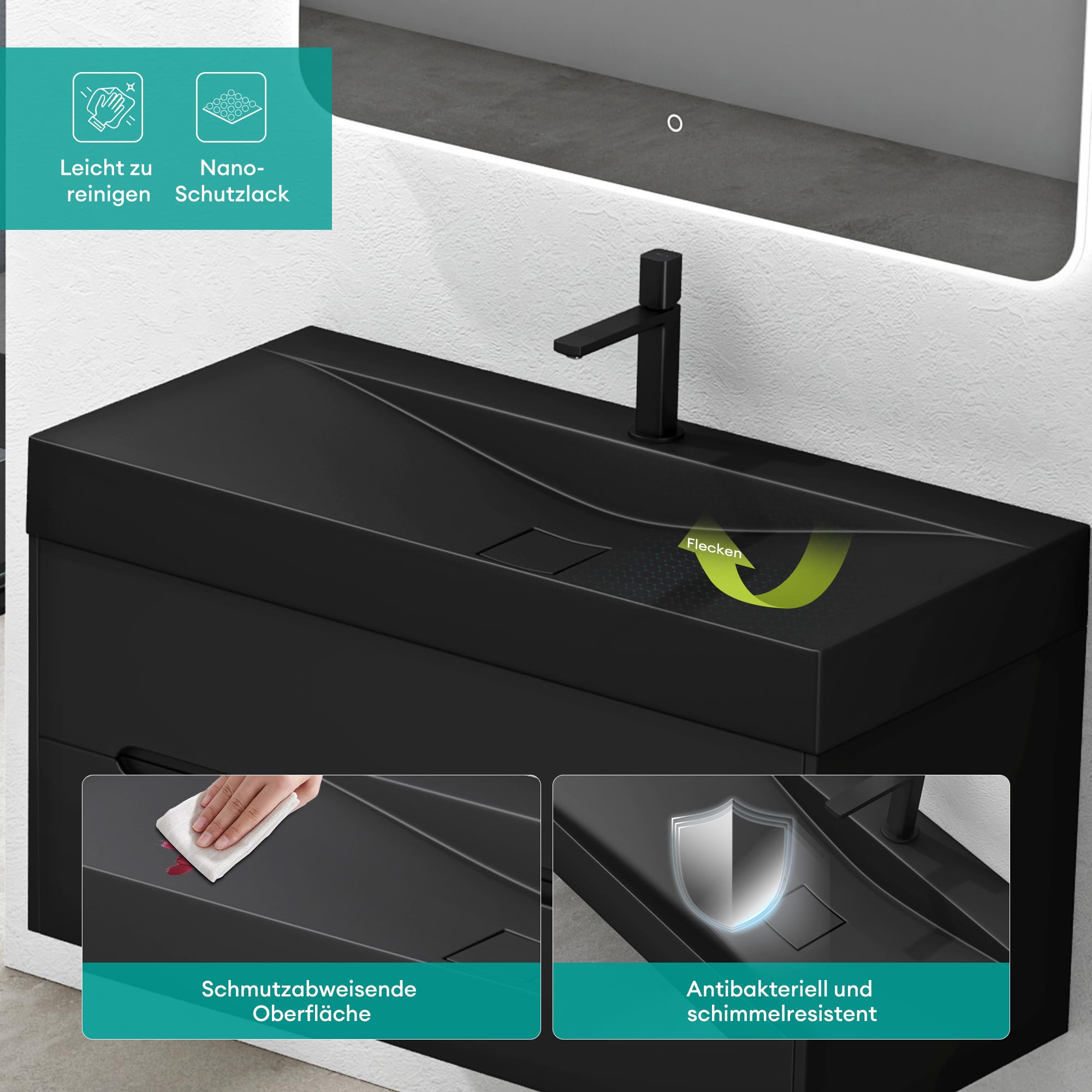 Mai & Mai Lavabo sobre Encimera 80x48x10 cm – Negro Mate, Mármol Fundido, con Orificio para Grifo y Tapa de Desagüe, sin Rebosadero, Instalación en Pared o Encimera