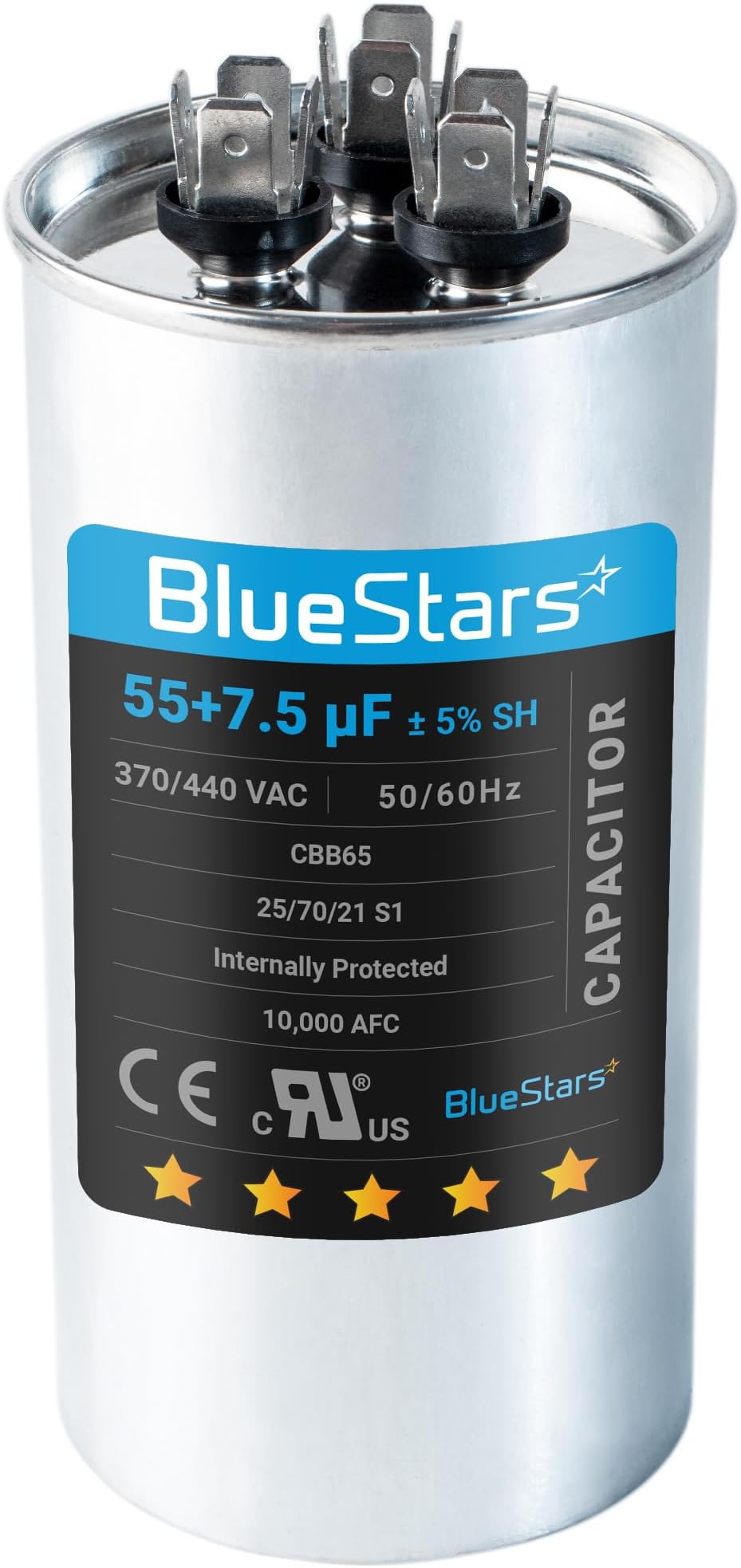 [2025 Updated] BlueStars 55+7.5 uF 55/7.5 MFD ±5% 370 or 440 Volt AC CBB65B Dual Run Round Capacitor - Fit Condenser Straight Cool or Heat Pump Air Conditioner - Replaces C35575R, TT-CAP-55/7.5/440