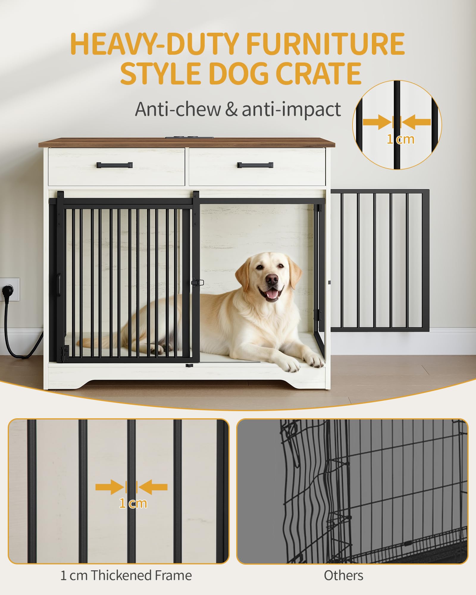 Hzuaneri Hundekäfig Möbel mit Steckdose, Hundebox für Zuhause mit Schiebetür im Scheunentür-Stil & 2 Schubladen, 3-Türen Sideboard für Mittel/Große Hunde, 97 x 56 x 81 cm, Weiß Braun DFC90314BEU