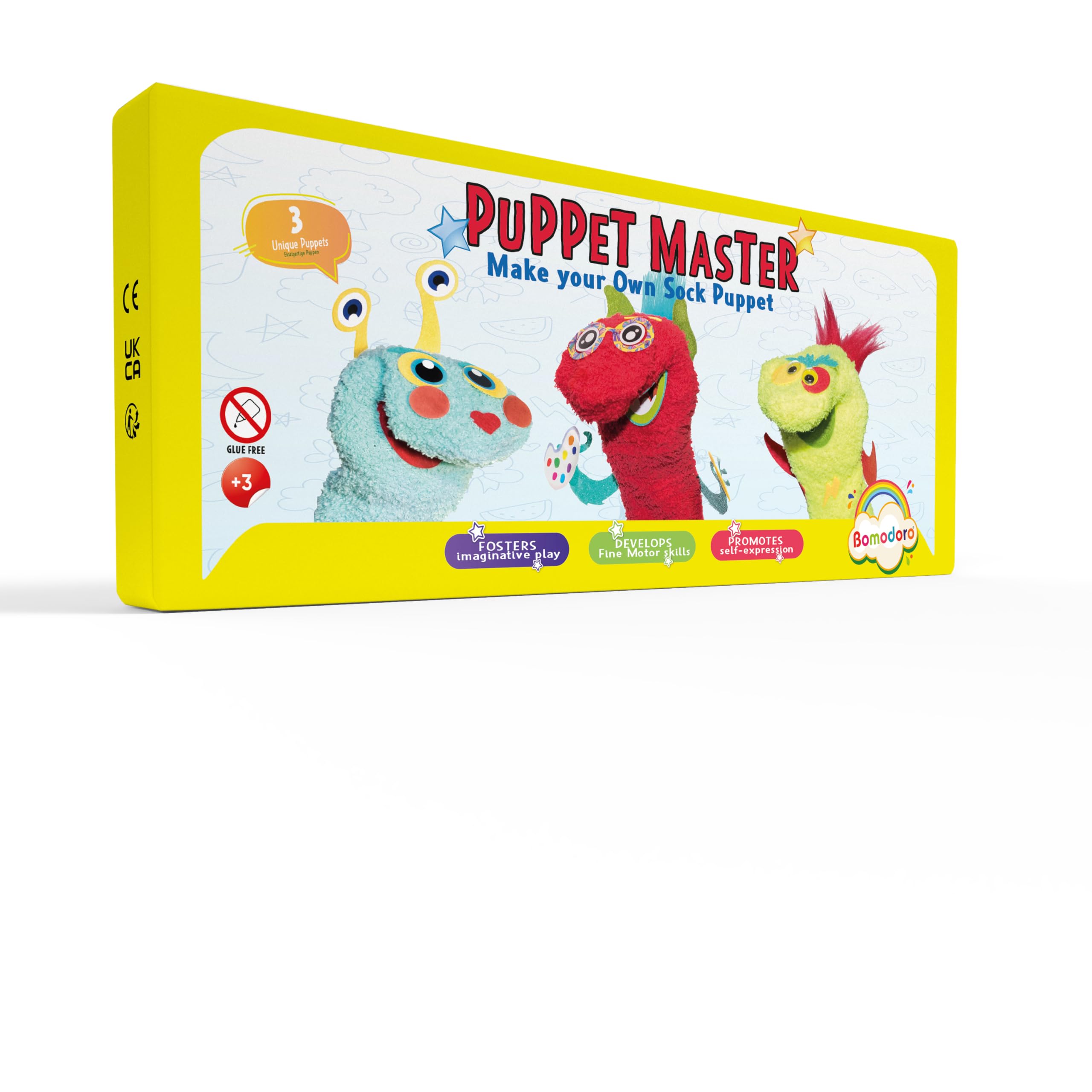 Scatola di lavoretti creativi per bambini. Kit per disegnare e decorare marionette a calza da mano per bambini con decorazioni in feltro. Gioco di creatività e arte "The Puppet Master"