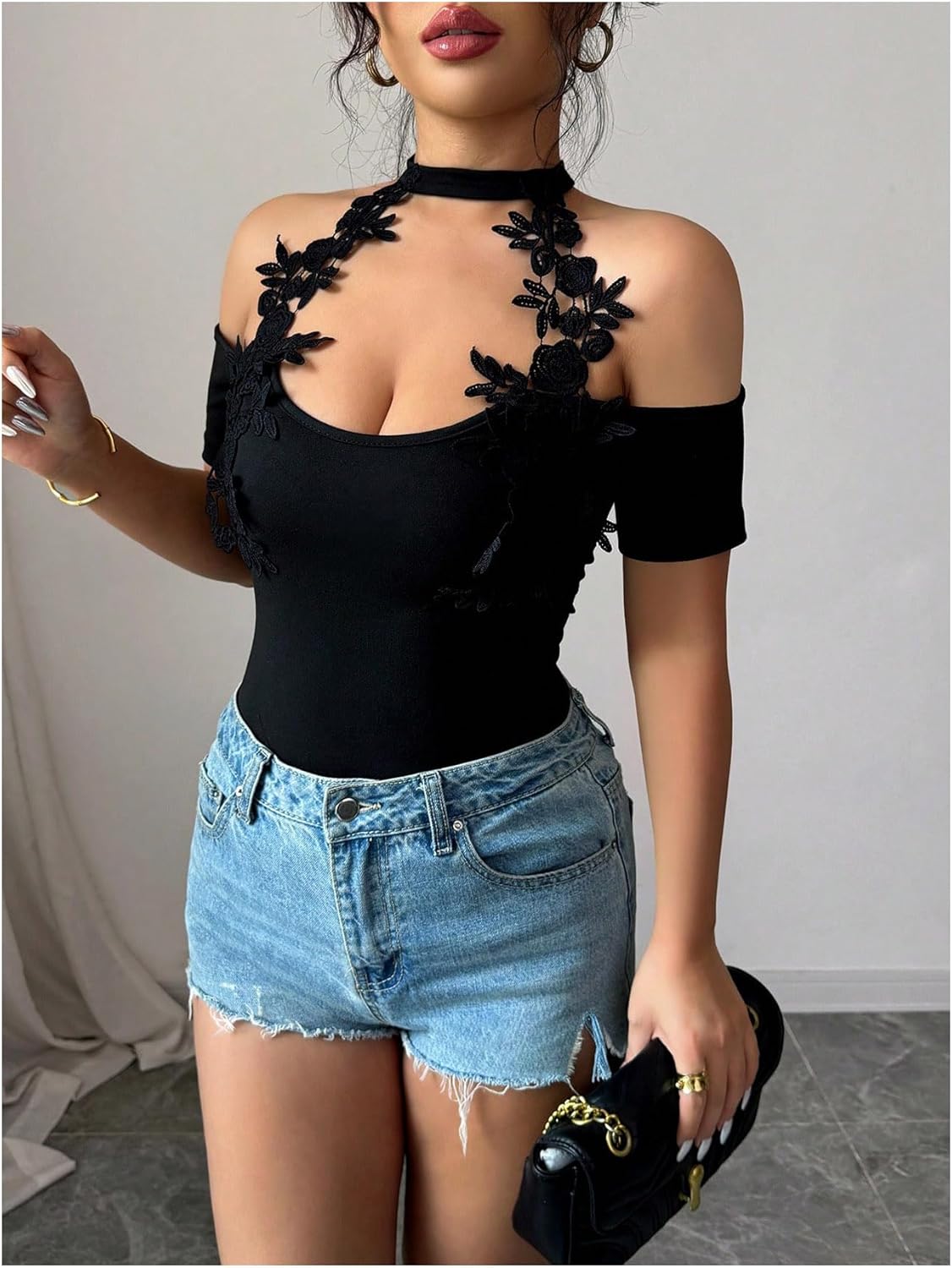 MakeMeChic Women's Elegant Floral Halter Neck T Shirt Cold Shoulder Short Sleeve Fitted Tee Tops - Image 4