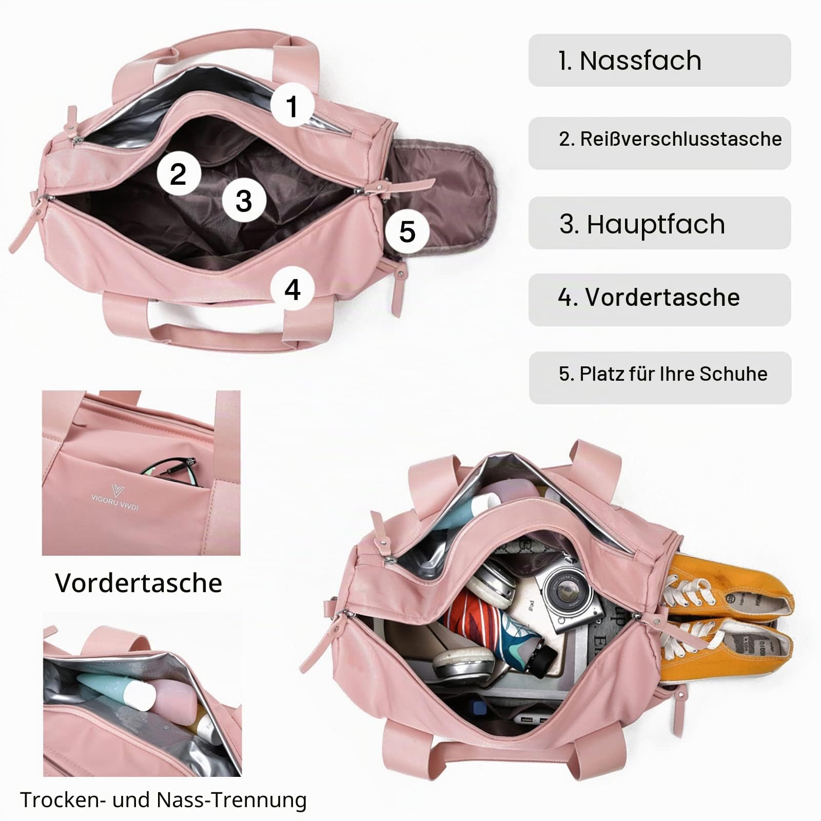 FANDARE Reisetaschen Handgepäck Sporttasche Übernachtung Sporttasche Handtasche Damen Herren Weekender Kliniktasche Schwimmtasche Trainingstasche mit Nass Trockentrenntasche & Schuhfach Schwarz Rosa