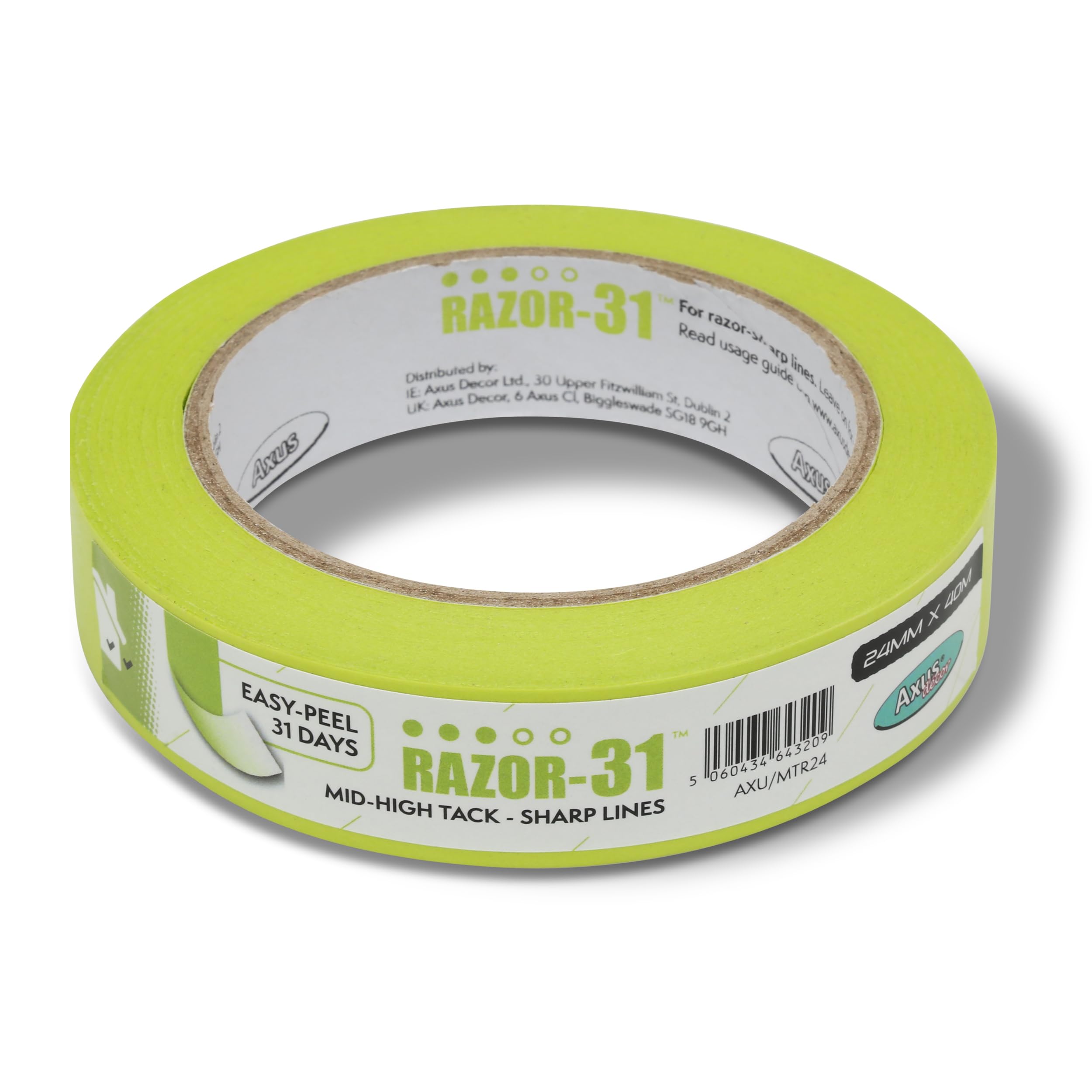Axus Decor Razor-31 Mid High Tack Masking Tape - 24mm x 40m - Painting Tape For Surfaces and Carpet, Residue Free Removal, For Painting Decoration & DIY Projects, Lime Green