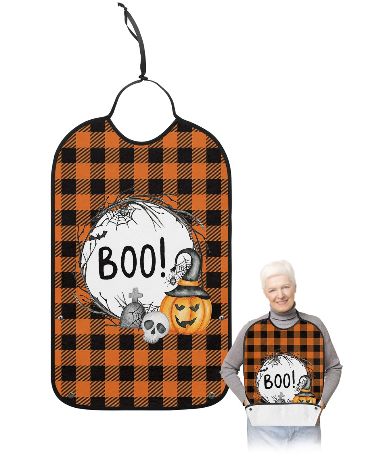 Halloween Adult Bibs for Eating, Waterproof Bibs with Food Catcher & Adjustable Snap Closure, Rustic Pumpkin Bat Black Orange Plaid Washable Clothing Protectors Adult Bibs for Elderly Women/Men