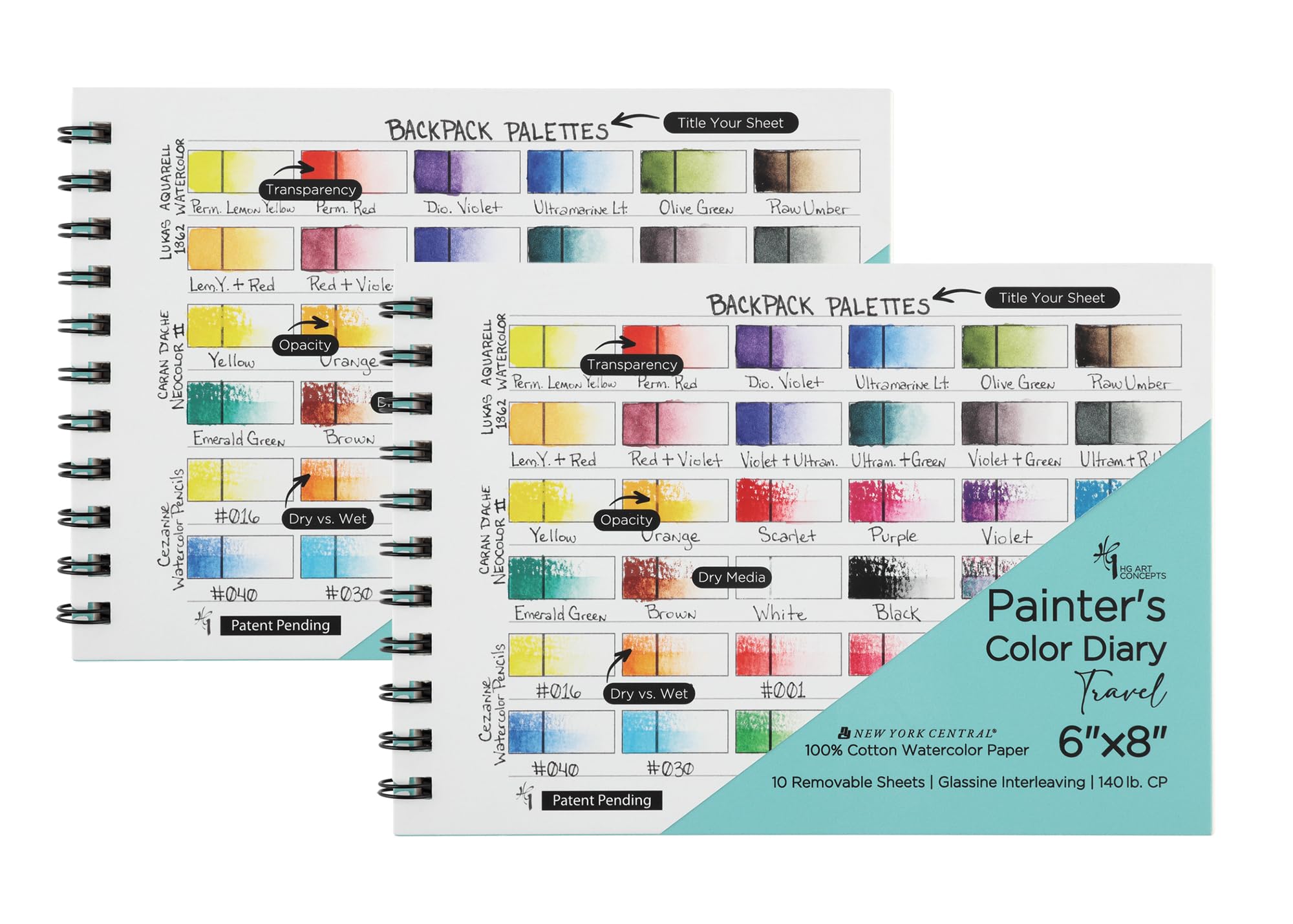 HG Art Concepts Travel Size Painters Color Diary - 6x8" Spiral-Bound Acid-Free Color Swatch Book with 10 Pages for Traveling Artists - 2-Pack