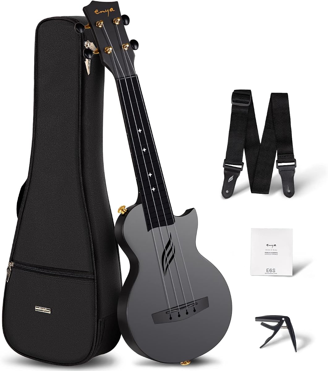 Enya NOVA U MINI 21-Inch Carbon Fiber Soprano Travel Ukulele, Black | Waterproof Body, Resists Humidity and Temperature Changes, 0.9 lb, Low-Action Setup, Beginner Kit: Case, Strap, Capo, Strings