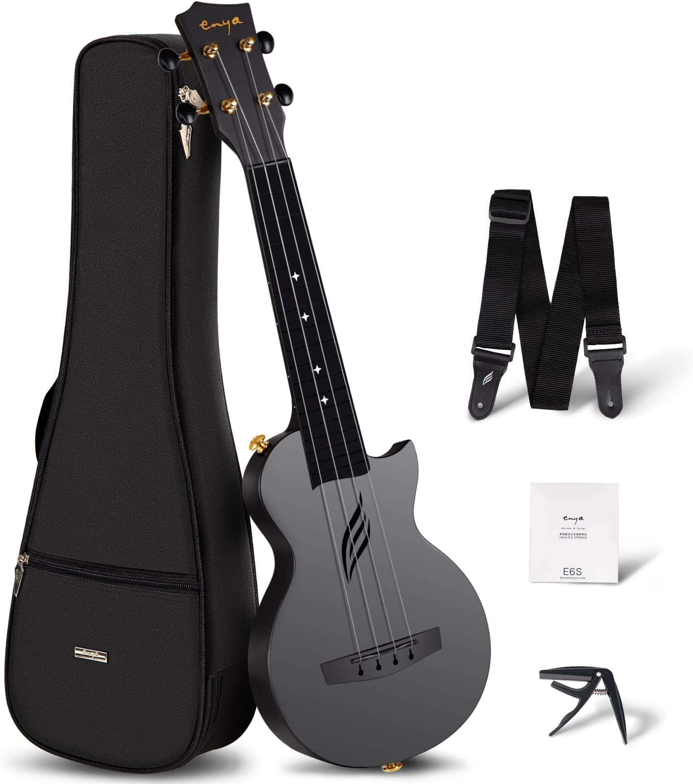 [Enya Nova U Mini] Ukulele Beginner Set (Soprano, Carbon Fiber), Case, Strap, Capo, Spare String Included