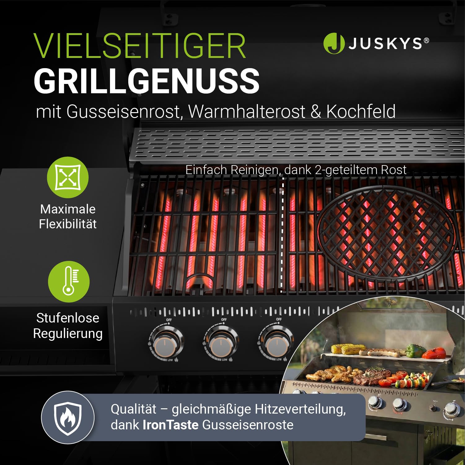 JUSKYS® Gasgrill Tennessee 6+1 – Grillwagen mit 6 Edelstahlbrennern, Seitenkocher, Gusseisenrosten, Glasdeckel mit Thermometer, LED-Knöpfen & Abdeckung