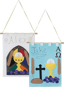 First Holy Communion Banner Kit Arts and Crafts for Catholic Children, DIY Sunday School Church Activity with Felt and Glitter Pens, 16 Inch