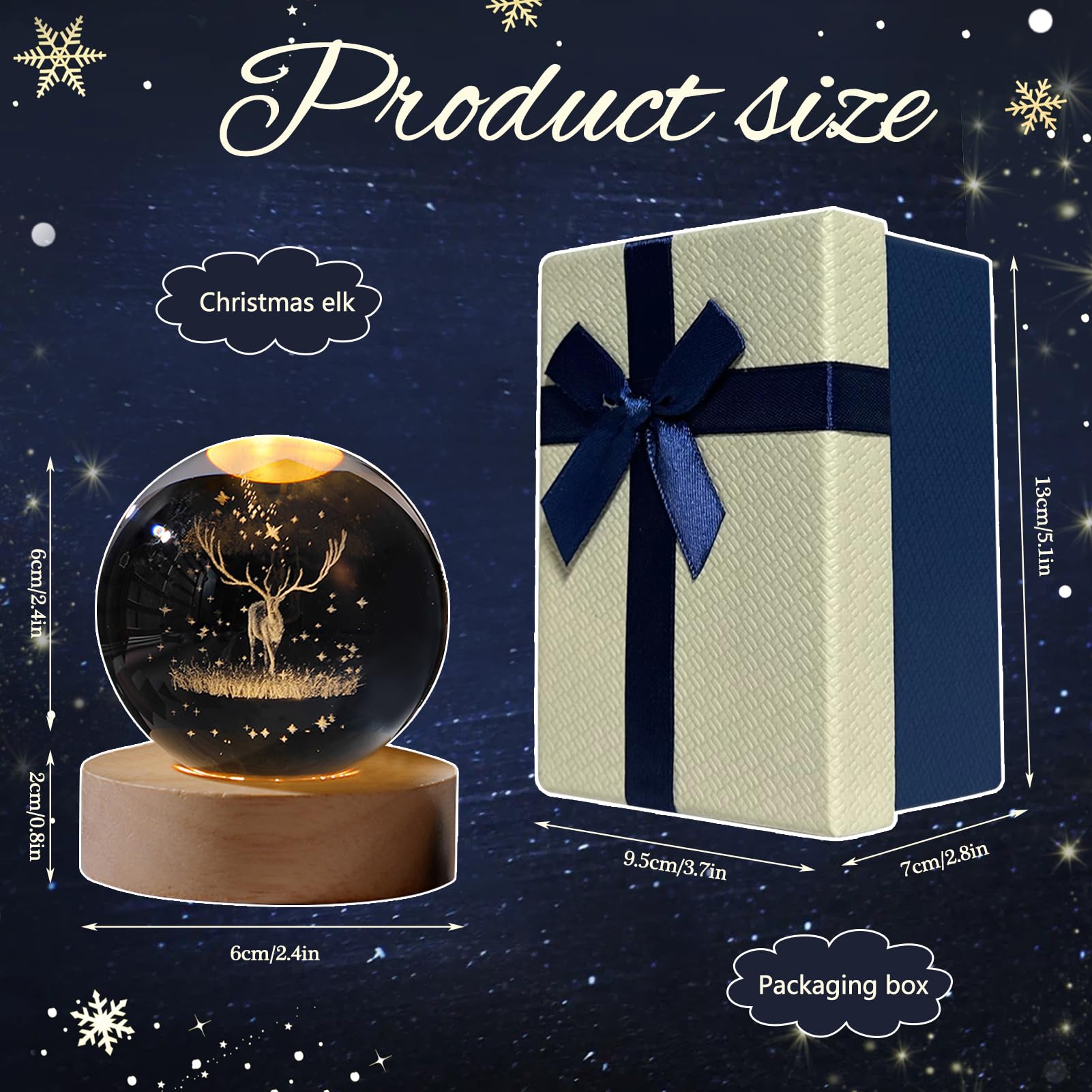 Christmas Decoration 3D Crystal Ball with LED Light, Snow Globe Night Light Christmas Decoration with Wooden Base - Image 4