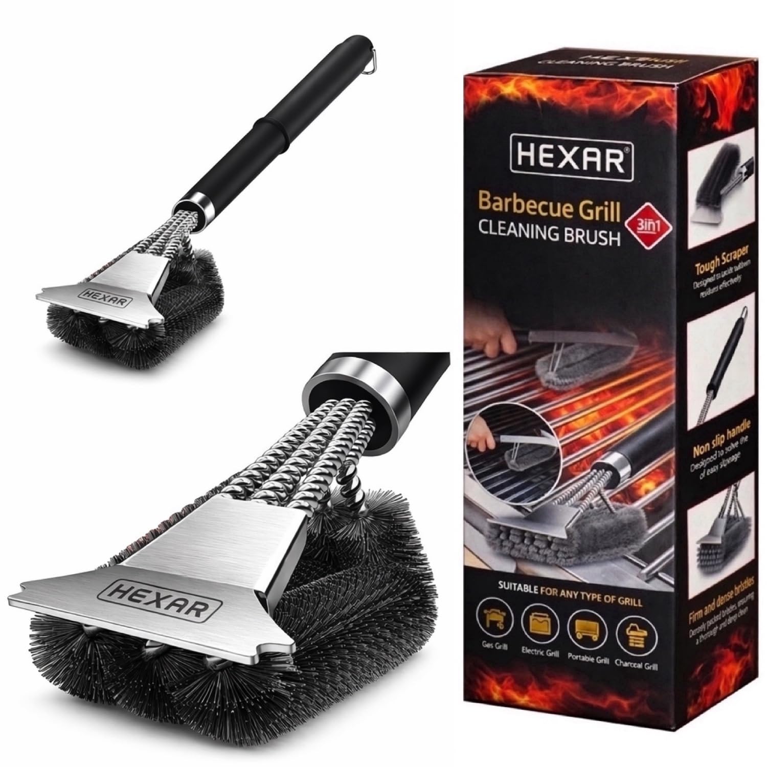 HEXAR Grillbürste, Barbecue Grill Reinigungsbürste Kombination aus Bürste mit Schaber, BBQ Reinigungsbürste mit Edelstahlborsten und extra langem PP-Griff