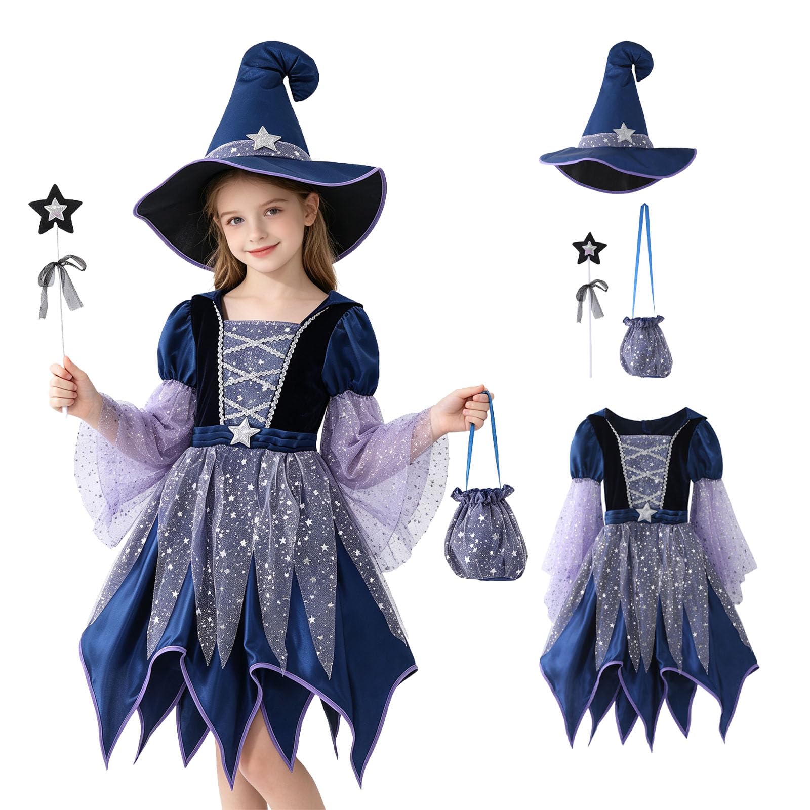 4 PCS Girls Witch Costume Set Kids Halloween Cosplay Party Dress Up