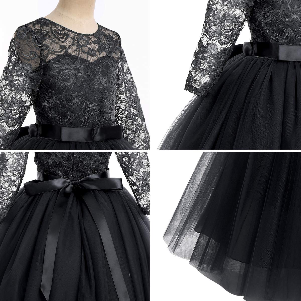 ABEHIK Vestito da principessa per ragazze con fiori in pizzo, abito da principessa, maniche a sette quarti, abito da sera floreale per bambini, in tulle festivo, maxi abito da festa