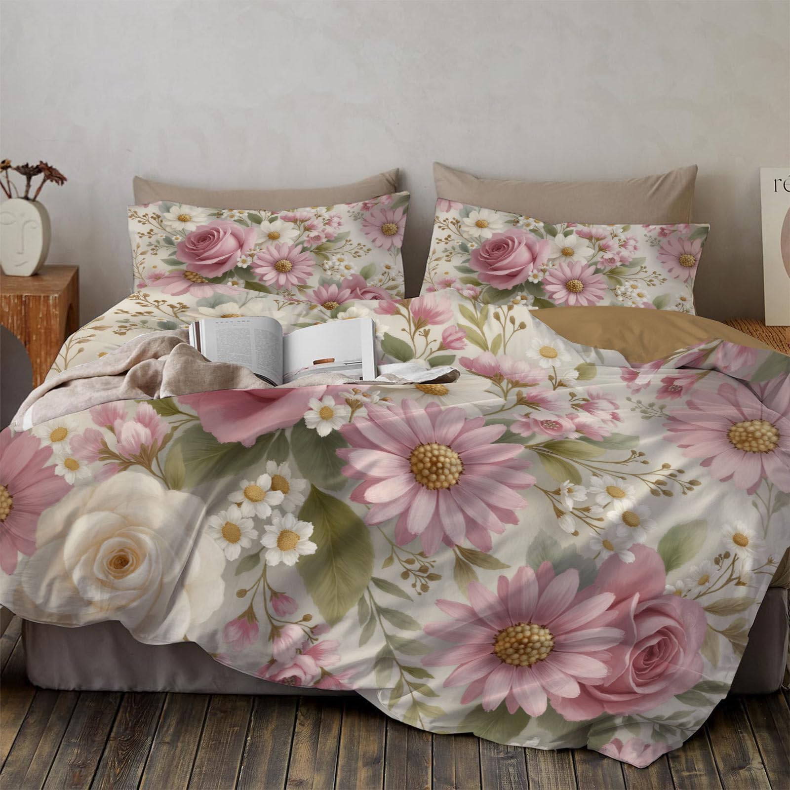 Housse de couette 140x200 rose avec motif fleurs romantiques en microfibre