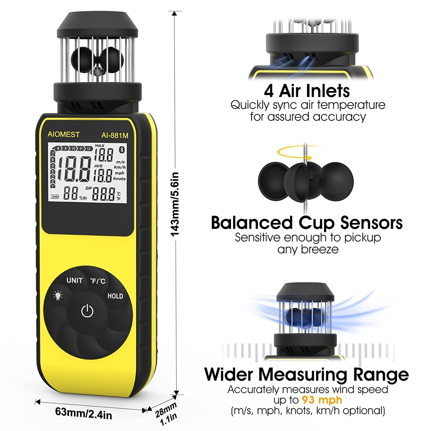 Anemometro Portatile Digitale Misuratori del Vento con Direzione Vento, Misuratore Velocità Vento 2.4~150 km/h per Esterni, Caccia, Surf, Droni, HVAC - Termometro Integrato - AIOMEST AI-881M
