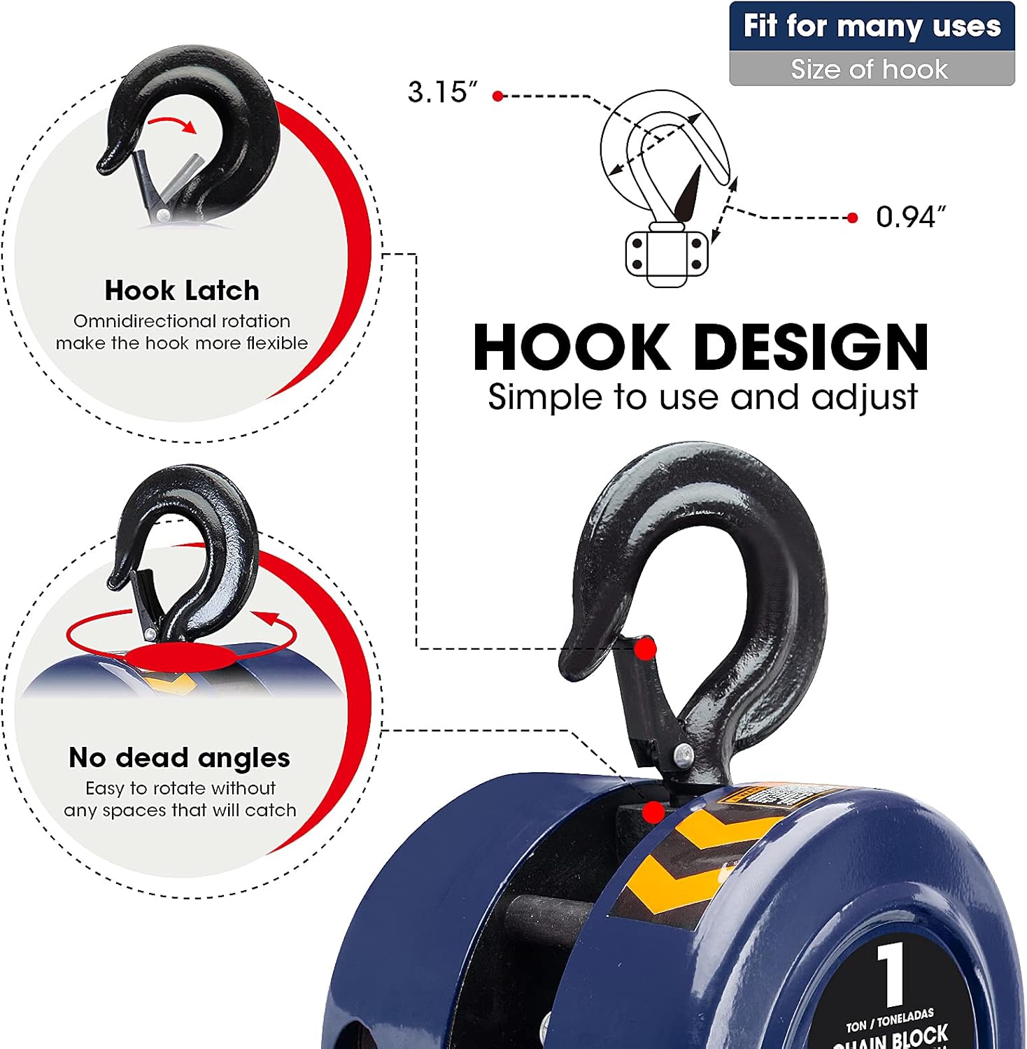 TCE ATR9010U Torin Manual Hand Lift Steel Chain Block Hoist with 2 Heavy Duty Hooks, 1 Ton (2,000 lb) Capacity,8ft/2.5m Blue