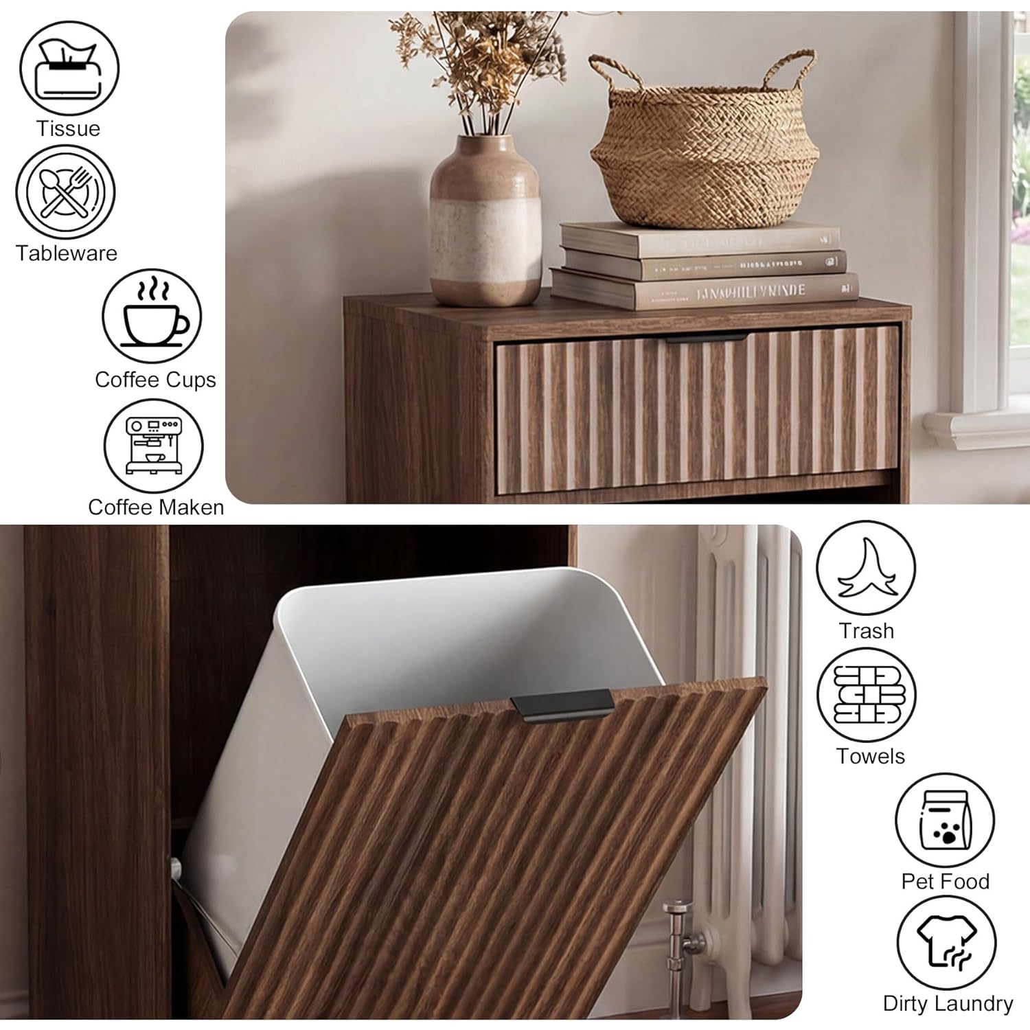 Tilt Out Trash Can Cabinet, 10 Gallon Fluted Wooden Hidden Garbage Bin, Freestanding Pet-Proof Storage with Drawer for Bathroom, Kitchen, Living Room
