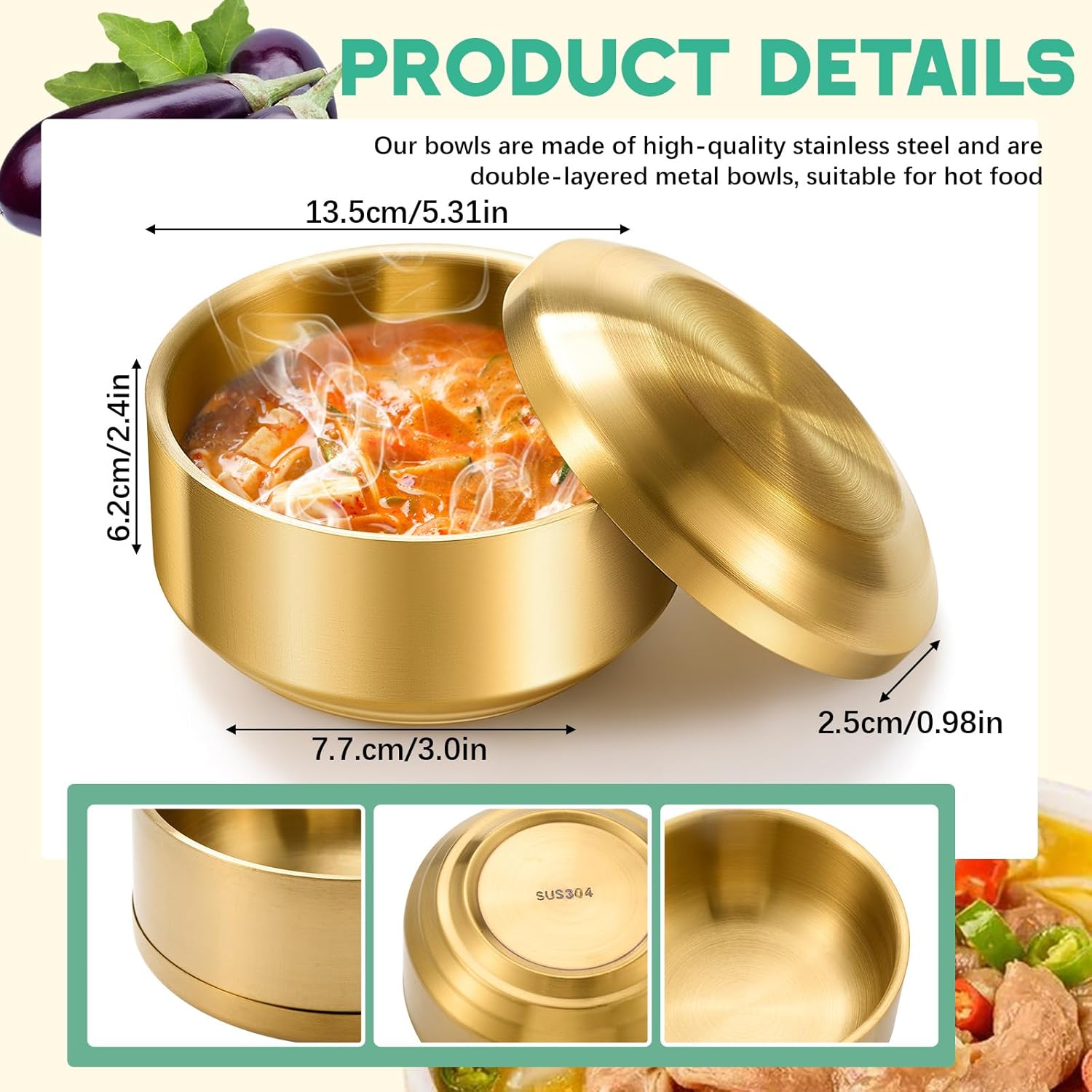 4 Sets 17 oz Stainless Steel Korean Soup Rice Bowl with Lid for Cereal Kitchen Restaurant Double-walled Anti Scalding Metal Bowls for Soup Salad Noodles Insulated