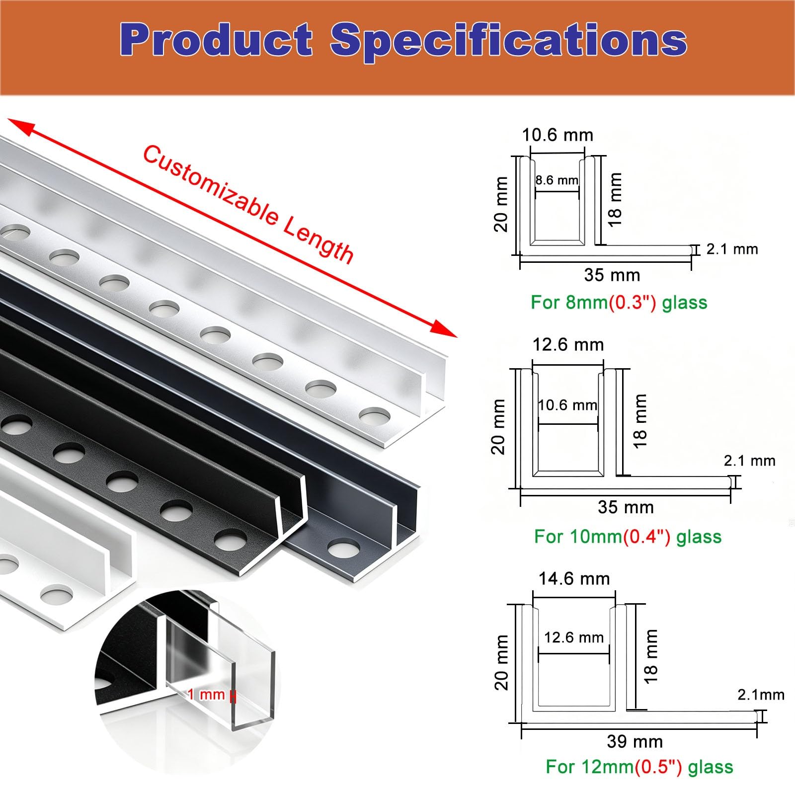 Perfil de aluminio de sujeción para mamparas de ducha | Resistente al agua, disponible en varios colores. Apto para cristales de 8, 10 y 12 mm de grosor