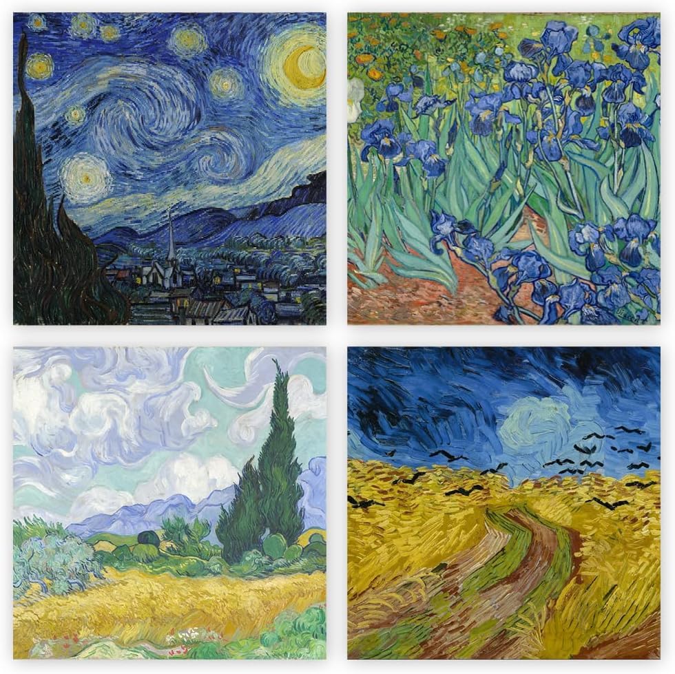 Cauliflower Journals Mixed pack of blank greeting cards and envelopes, 12 note cards 4 different Van Gogh designs, blank greeting inside notelet and envelope sets. (10.5x10.5cm)