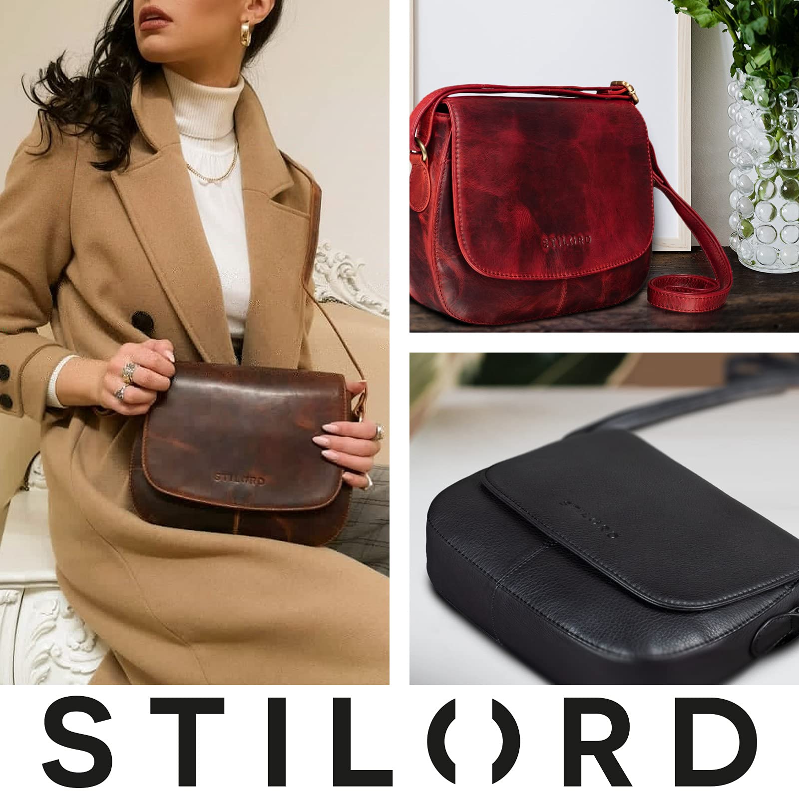 STILORD Savannah Umhängetasche Damen Leder Handtasche kleine Schultertasche Crossbody Bag Ausgehtasche Partytasche Echtleder Farbe:schwarz