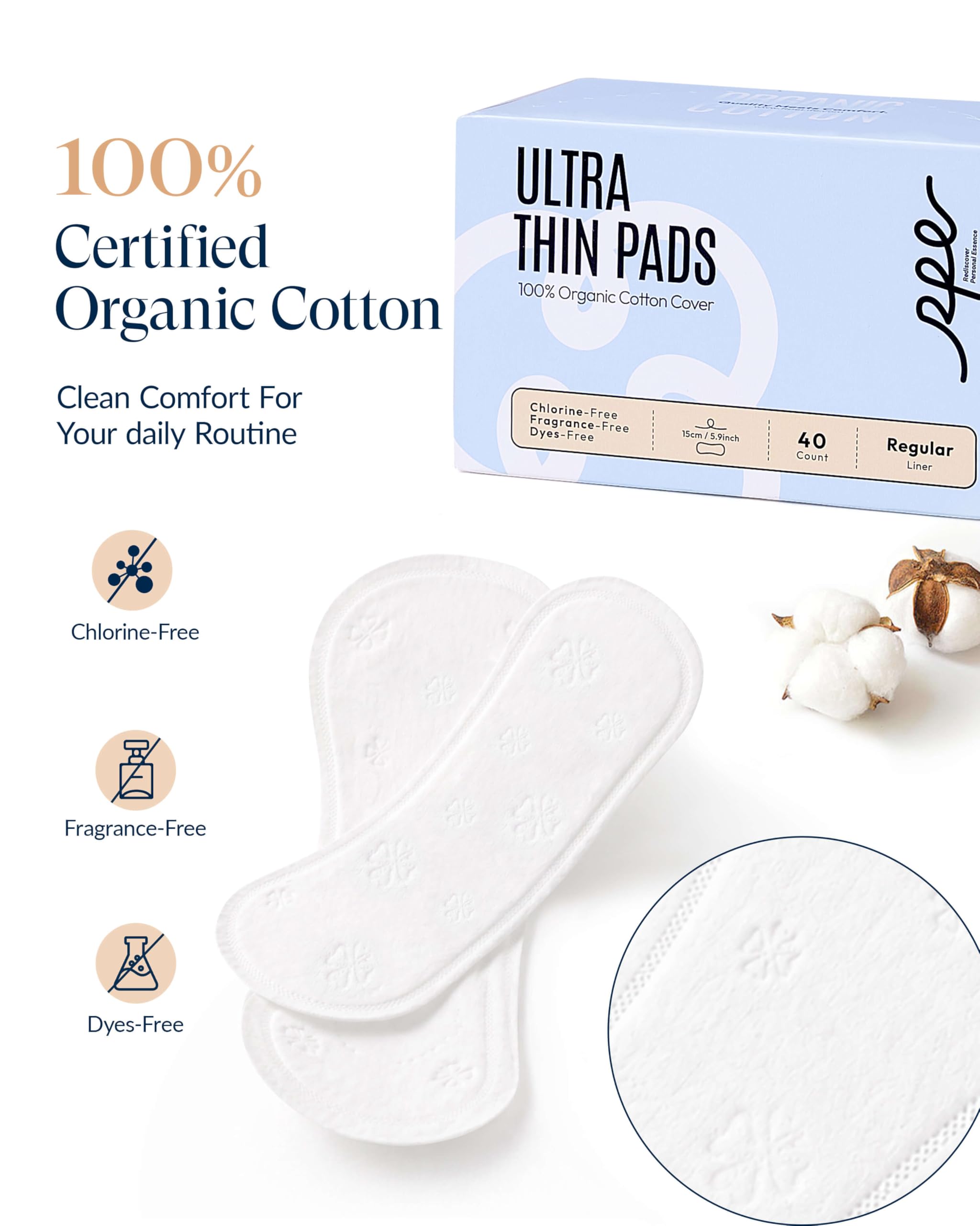 RPE Life Calzones 100% orgánicos para mujer, cubiertas de algodón ultrafino, forro regular de absorción ligera, sin perfume, envueltos individualmente (forro regular, talla 1, 120 unidades)