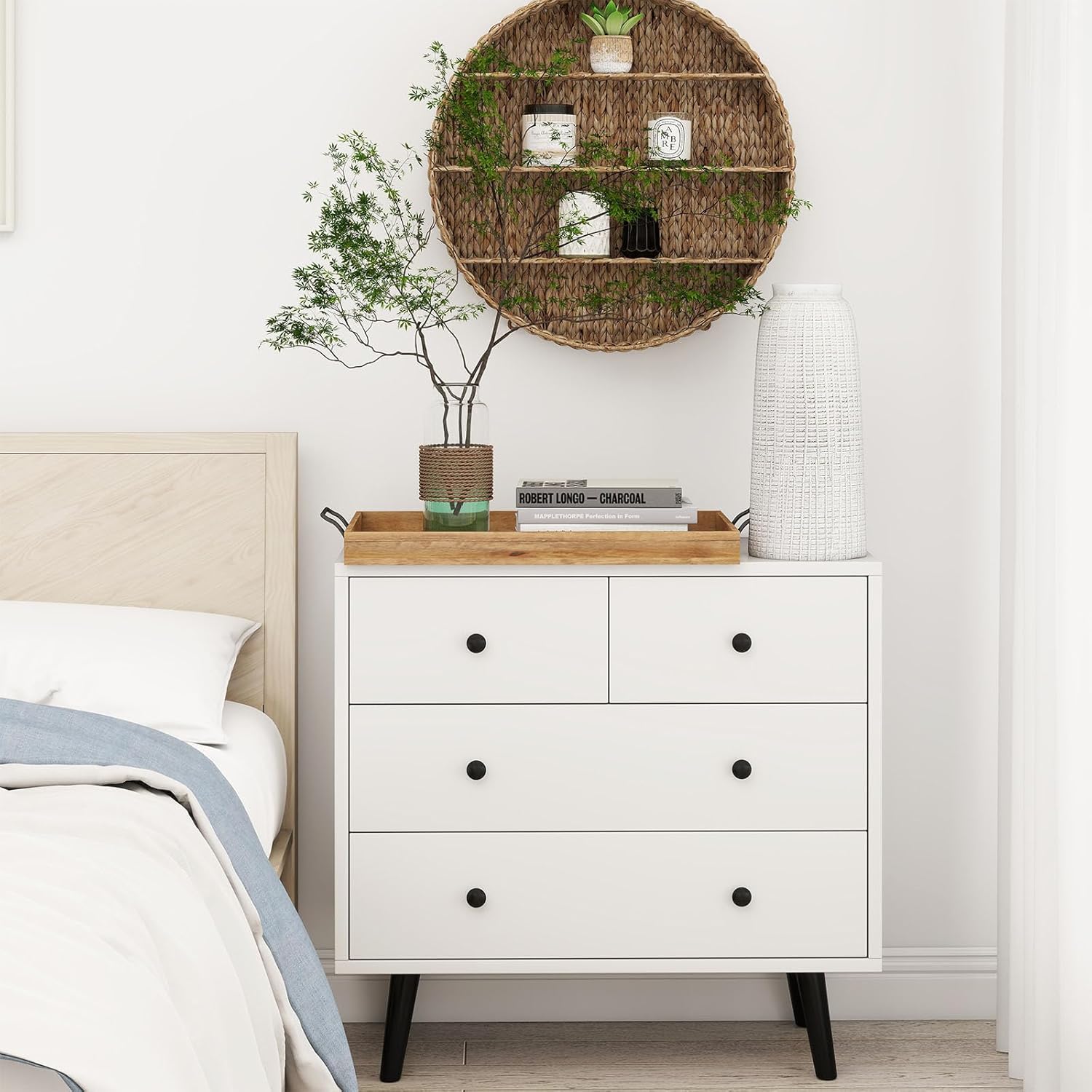 LOKO 4-Drawer Storage Cabinet, Modern Chest Cabinet with Anti-Tipping Device, Convenient Handles, End Table, Wooden Floor Cabinet, for Living Room, Hallway, Entryway (White)