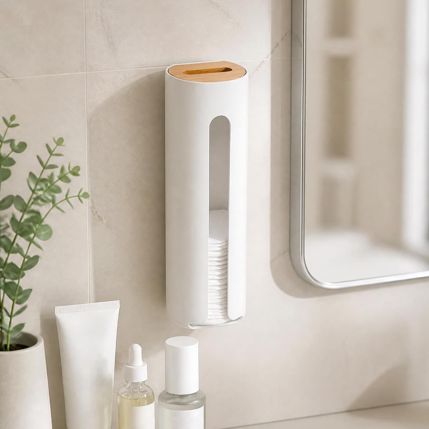 Cotton Round Holder, Wall Mounted Cotton Pad Dispenser Makeup Pad Container | Space-saving Wall Mount Makeup Vanity Removers Organizers Containers Cotton Pads Storage with Wooden Lid Cover for Bathroom