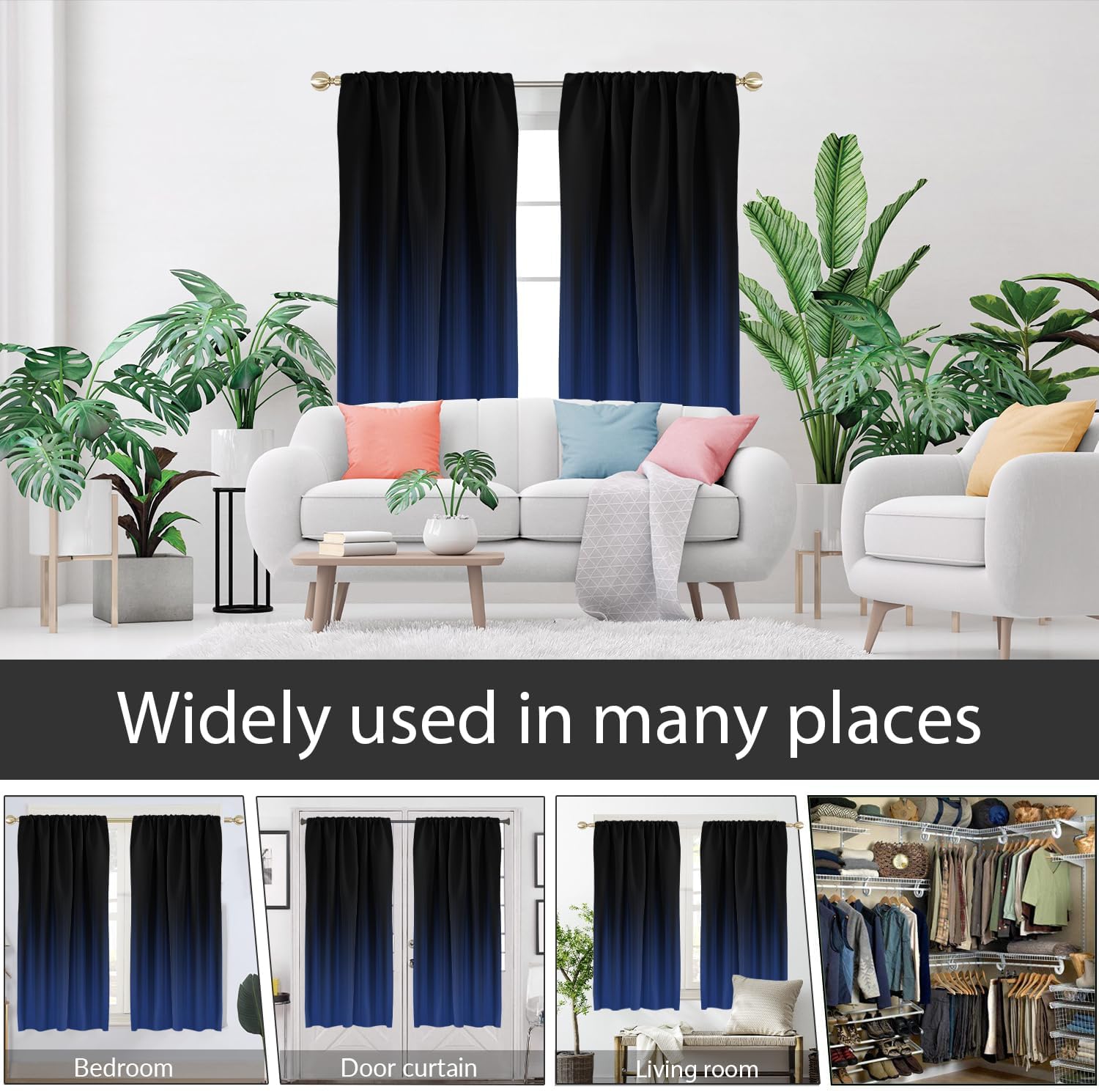 AAtter Navy and Black Window Curtain Abstract Boys Striped Ombre Simple Boho Gradient Men Teen Gothic Art Fun Living Room Bedroom Drapes Treatment Fabric 1 Pair Home Decor, 42" W x 63" L, Modern