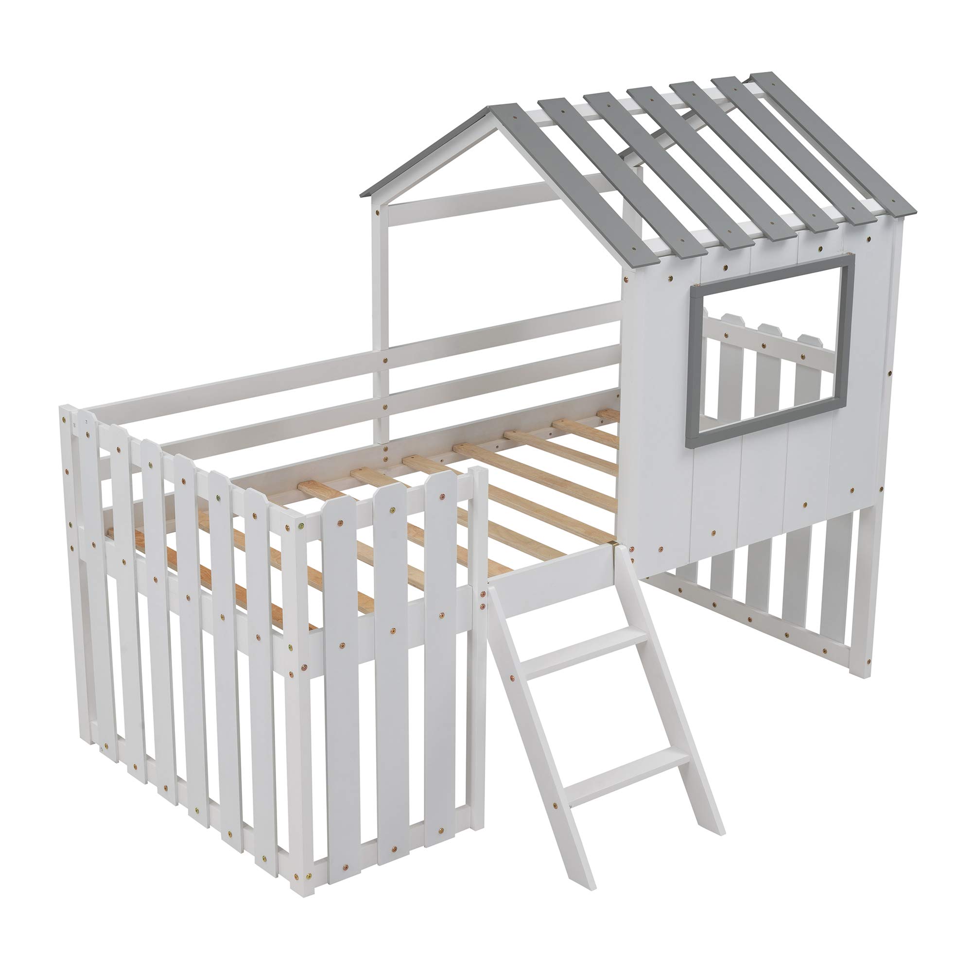 Buy Twin Loft House Bed for Kids, Wooden Loft Beds with Rustic Fence