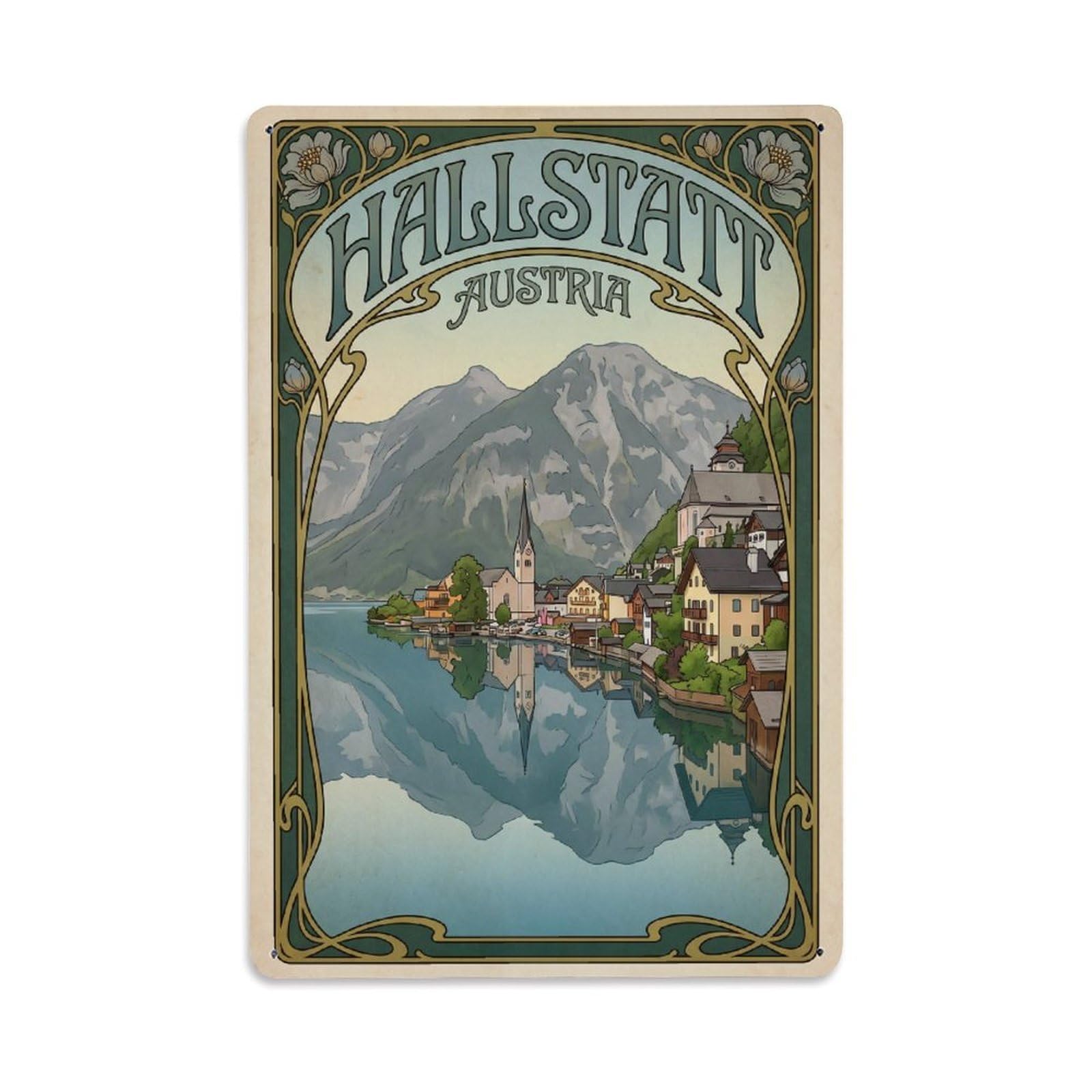 Vintage Austria Hallstatt Travel Metal Tin Sign Plaque Wall Decor for Cafe, Club Bar, Office, Garden Metal Poster 8x12Inch