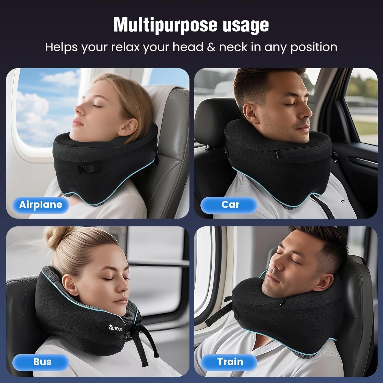 Coussin de Voyage Nuque en Mousse à Mémoire de Forme - Ergonomique et Réglable pour Dormir en Avion, Oreiller de Voyage Léger et Portable pour Voiture, Bureau, Coussion Avion Confortable - Noir