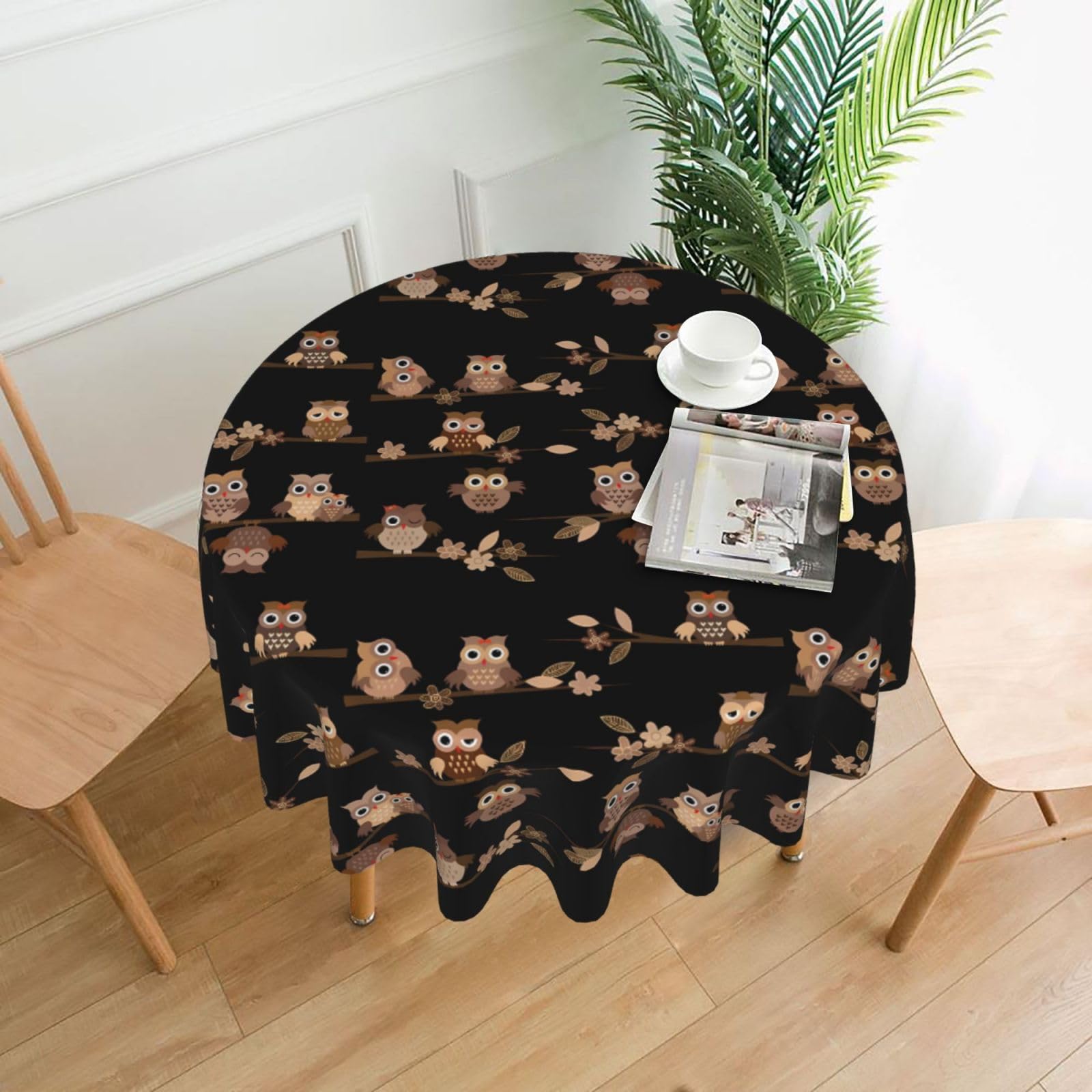 WHJSSF Cute Brown Cartoon Owls Prints Round Decorative Table Throw 60 Inch – Waterproof Table Cover for Dining, Coffee Tables, and Outdoor Events