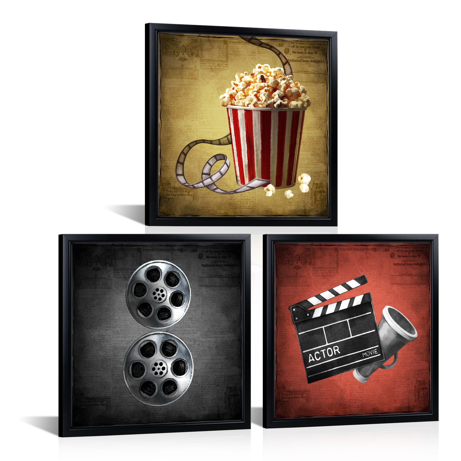 Saypeacher Filmkino-Wandkunst-Set, Leinwanddrucke mit Popcorn-Filmrolle und Schindeln, schwarzer Rahmen, für Heimkino, Zimmer, Schlafzimmer, Dekoration, 30,5 x 30,5 x 30,5 cm, 3 Stück