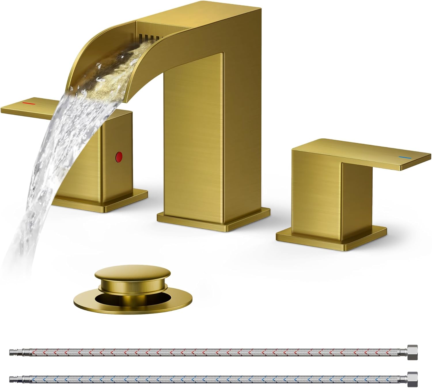 FORIOUS Square Brushed Gold Bathroom Faucets 3 Hole, Waterfall 8 Inch Widespread Bathroom Sink Faucet with Metal Pop-up Drain and Supply Lines, Two Handles for Vanity, Lavatory, Restroom