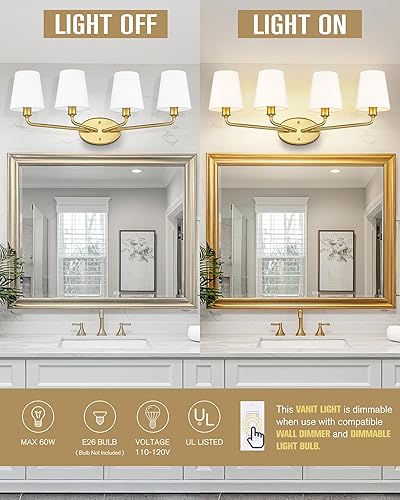 Miniatura 2 de Emak Luminaria de baño de 29 pulgadas sobre espejo, lámpara de tocador de baño de 4 luces con pantalla de tela blanca acampanada, luces de tocador