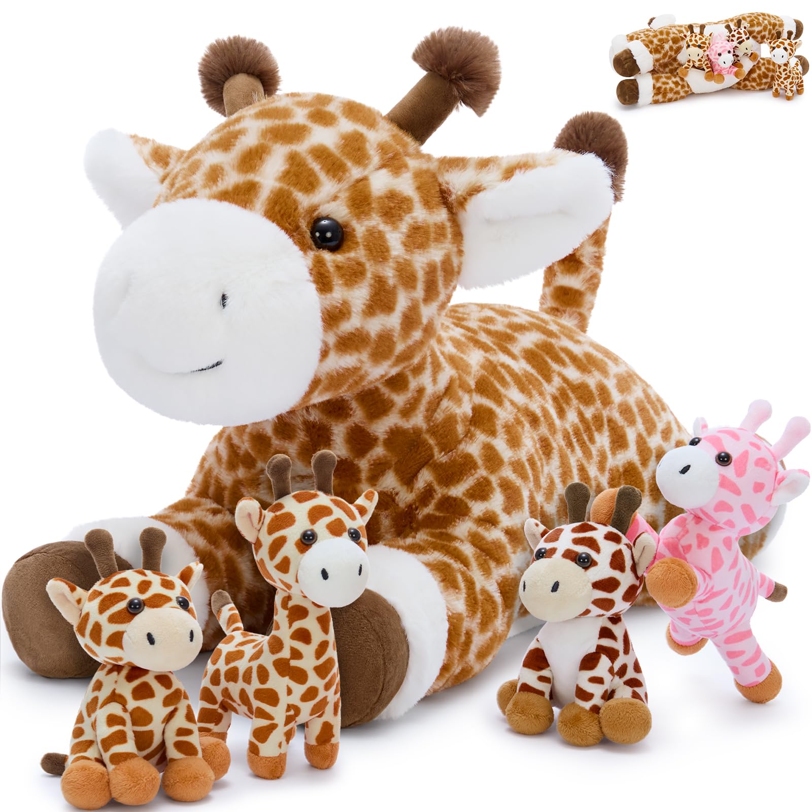 MaoGoLan 55cm Lying Giraffe Teddy Soft Toy, Mommy Giraffe with 4 Babies Inside, Cute Stuffed Animal Plush Toys for Kids Girls Boys, Birthday Party Decorations