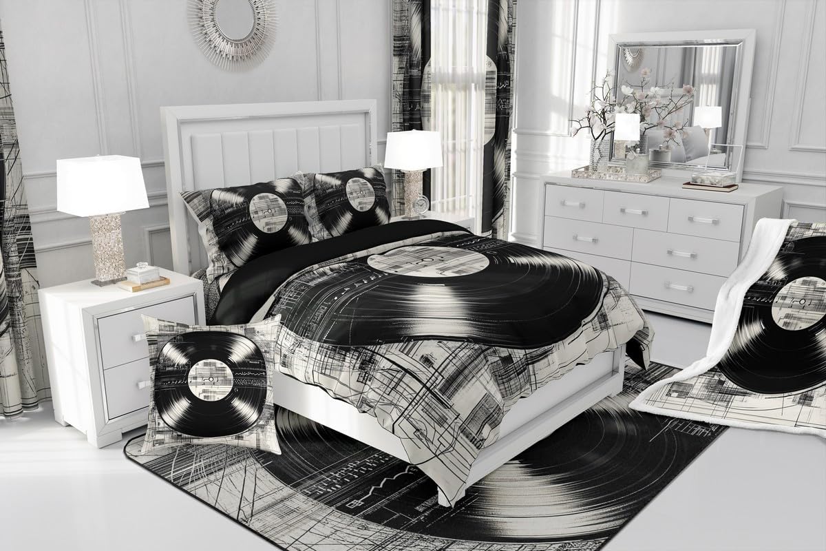 jejeloiu 83s Retro Vinyl Record Bedding Set Full Size Music Bed Sheets Set for Boys Girls Children Grey Vintage Record Player Music Notes Musician Fitted Sheet Room Decor Soft All Season 4Pcs