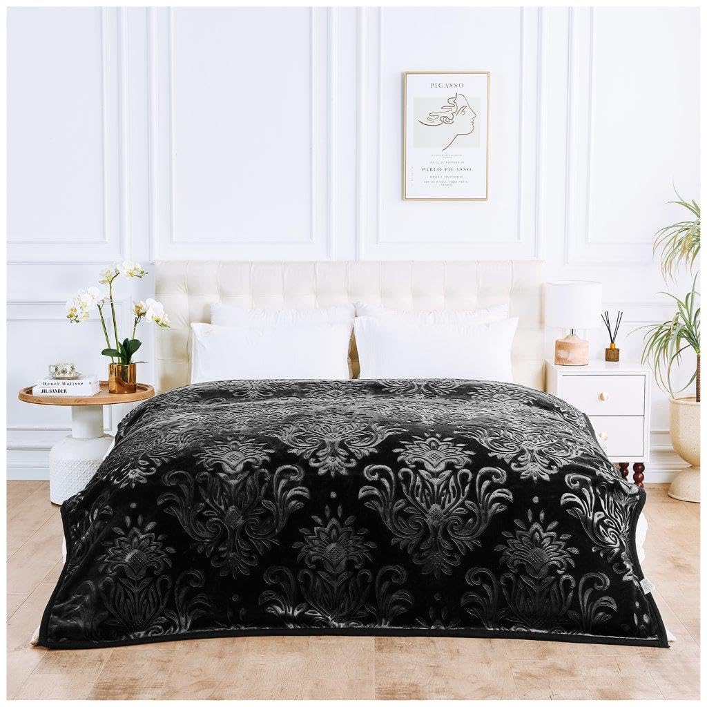 Lions Weighted Blanket King Size - 4KG Fleece Warm Blanket, Ultra Soft Thick Bed Heavy Throws for adults, Stress-Anxiety Relief, Embossed Damask Pattern - (200x240 cm) - Black