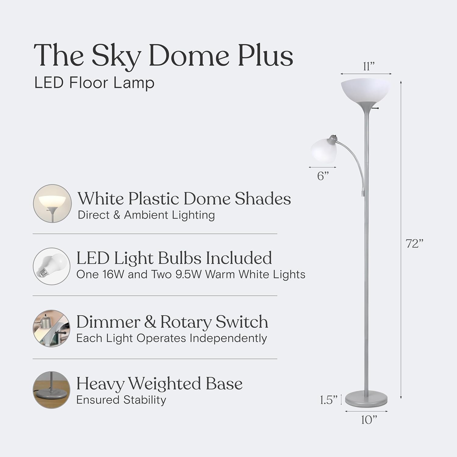 Brightech Sky Dome Plus LED Floor lamp, Torchiere Super Bright Floor Lamp with Reading Lamp for Living Rooms & Offices - Dimmable Tall Standing Lamp for Bedroom Reading - Silver