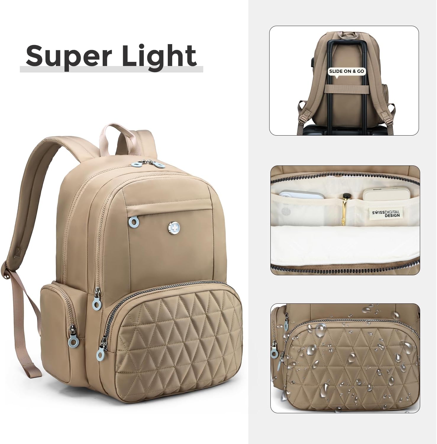 Swissdigital Design Backpack for Women, 15.6 inch Laptop College Khaki Medium Simple Modern Backpacks for School with USB Charging Port for Womens Girls | SD1711-75