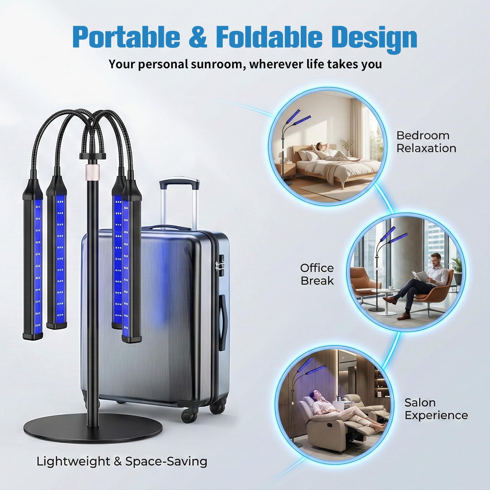 Lámpara de bronceado para el hogar: lámpara de bronceado facial con 4 cabezales de lámpara y 540 bombillas LED, soporte giratorio de 360°, 5 modos de iluminación, temporizador ajustable, con gafas